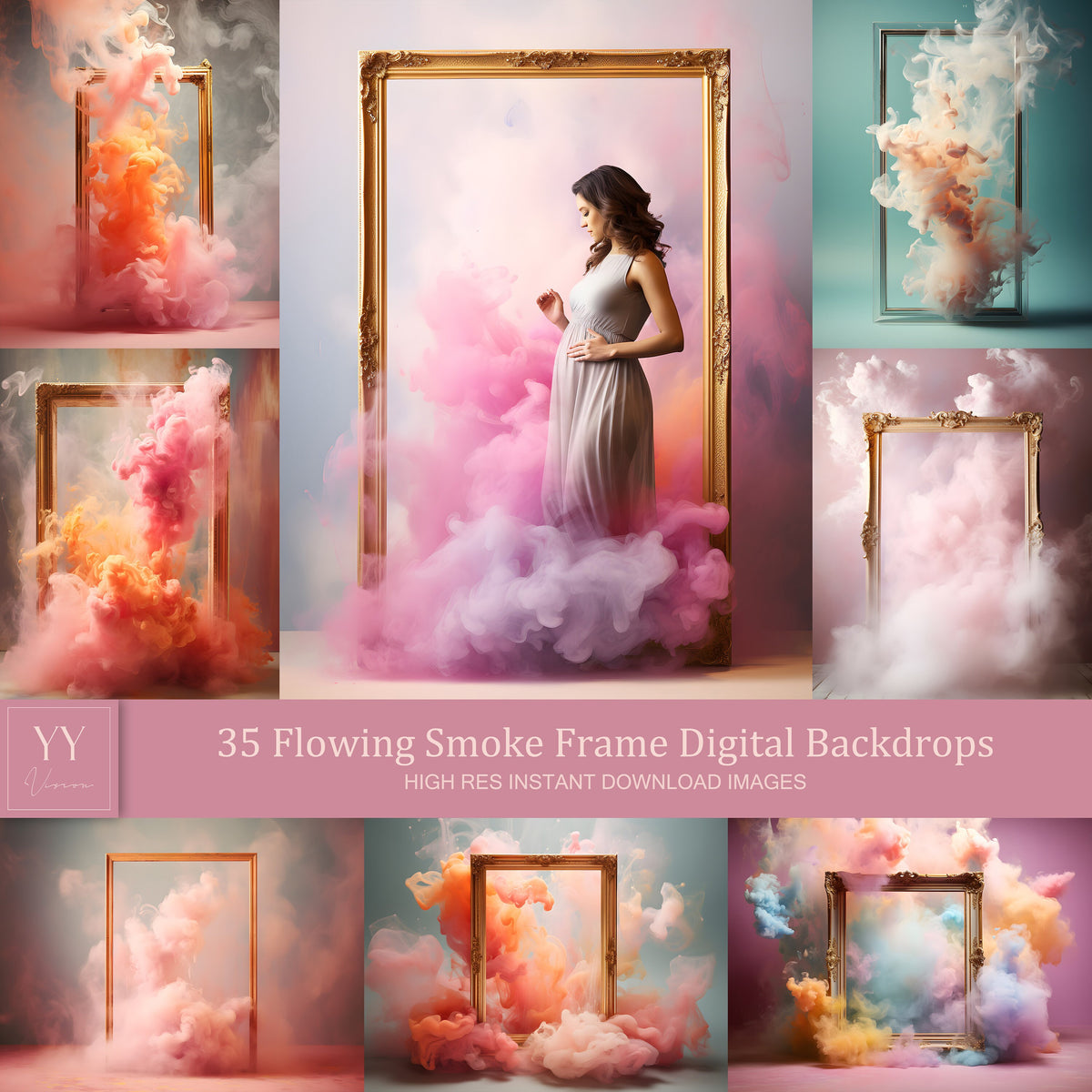 35 ensembles de décors numériques de cadre de fumée fluide Photographie de maternité Beaux-Arts Studio de mariage Superposition Photoshop