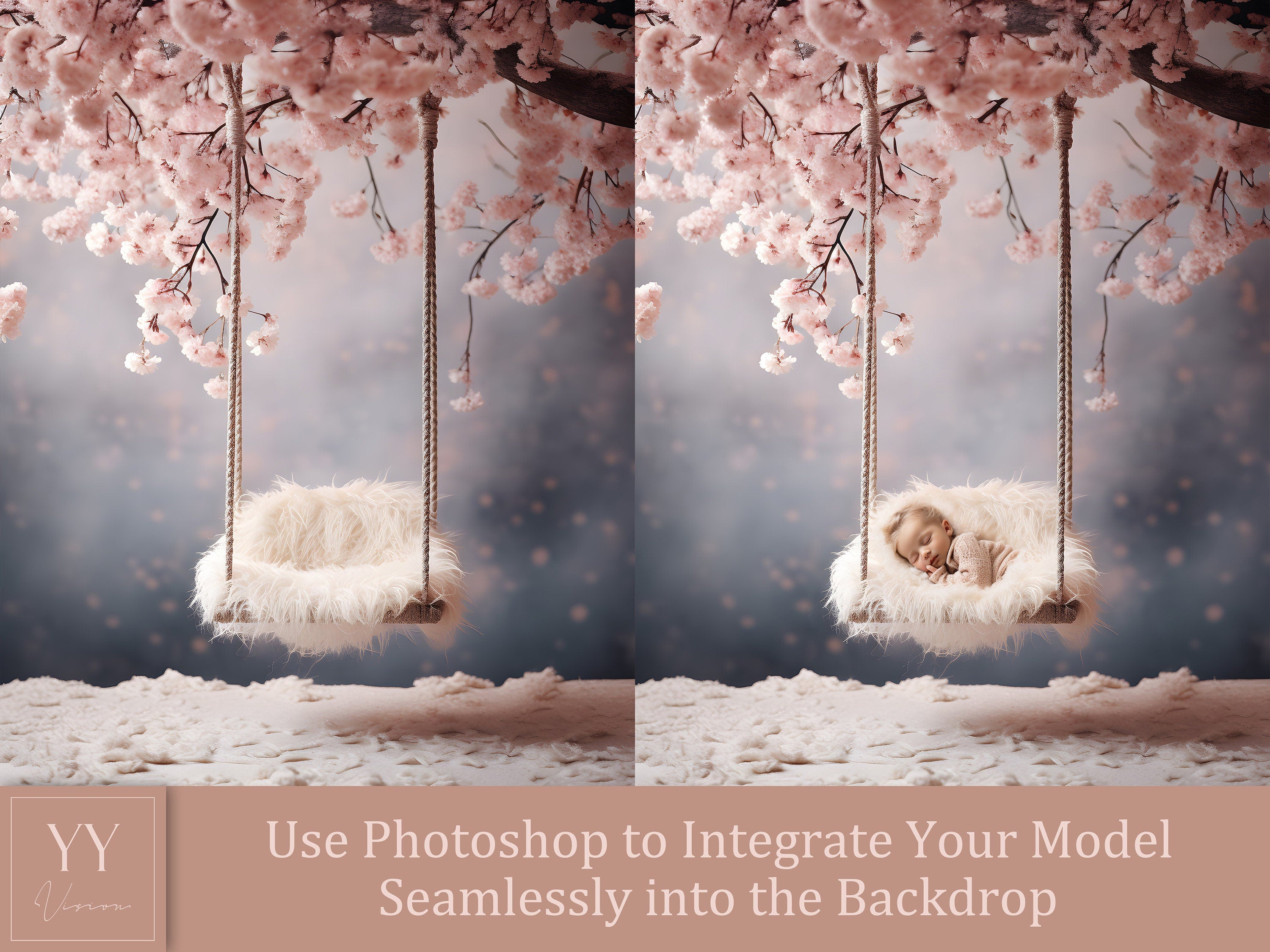 35 ensembles de décors numériques de balançoire en fleurs de cerisier pour bébé pour la photographie de maternité de nouveau-né Studio des beaux-arts Superposition Photoshop