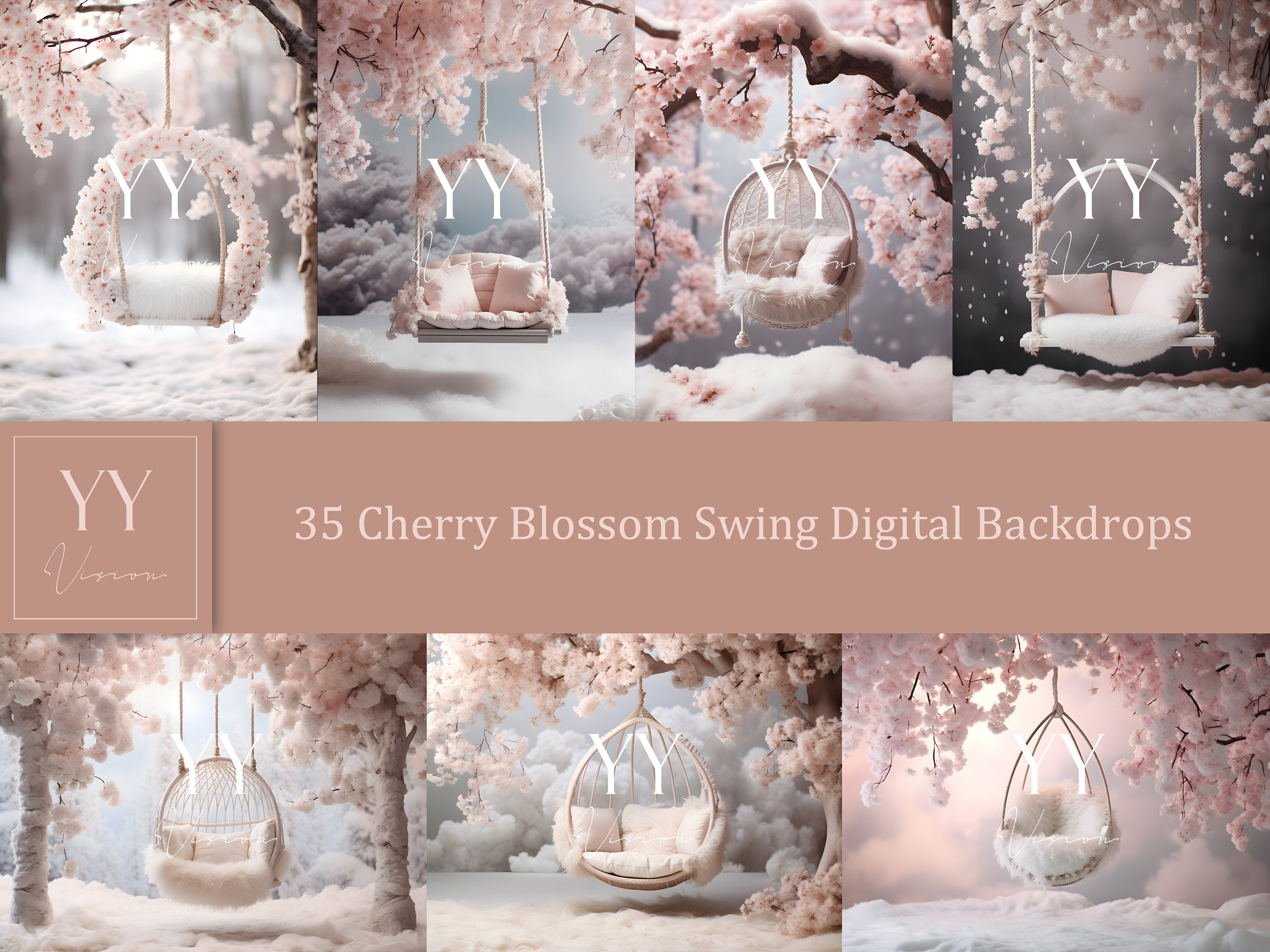 35 Baby Cherry Blossom Swing digitale Hintergründe Sets für Neugeborene Schwangerschaft Fotografie Fine Arts Studio Photoshop Overlay