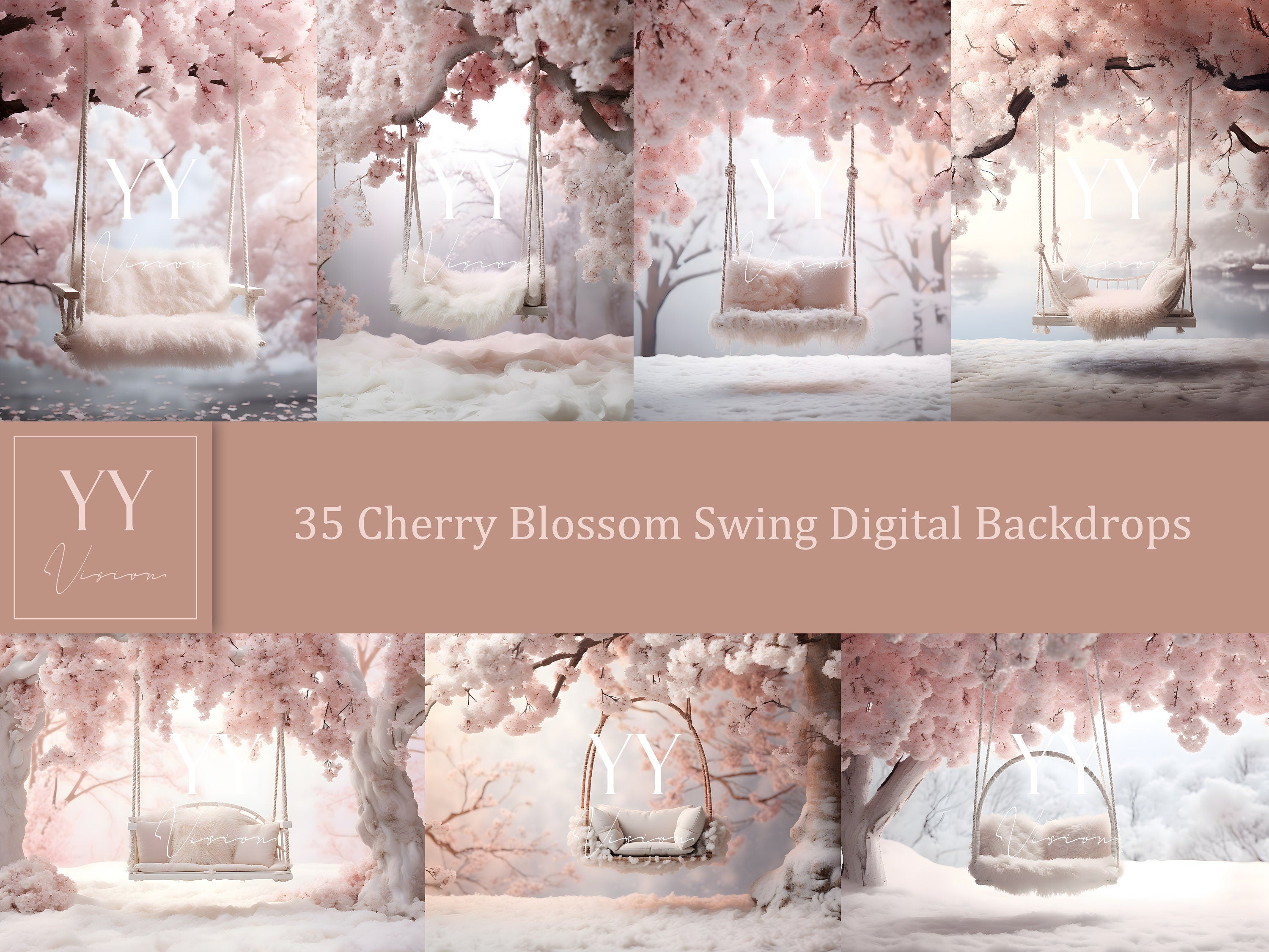 35 Baby Cherry Blossom Swing digitale Hintergründe Sets für Neugeborene Schwangerschaft Fotografie Fine Arts Studio Photoshop Overlay