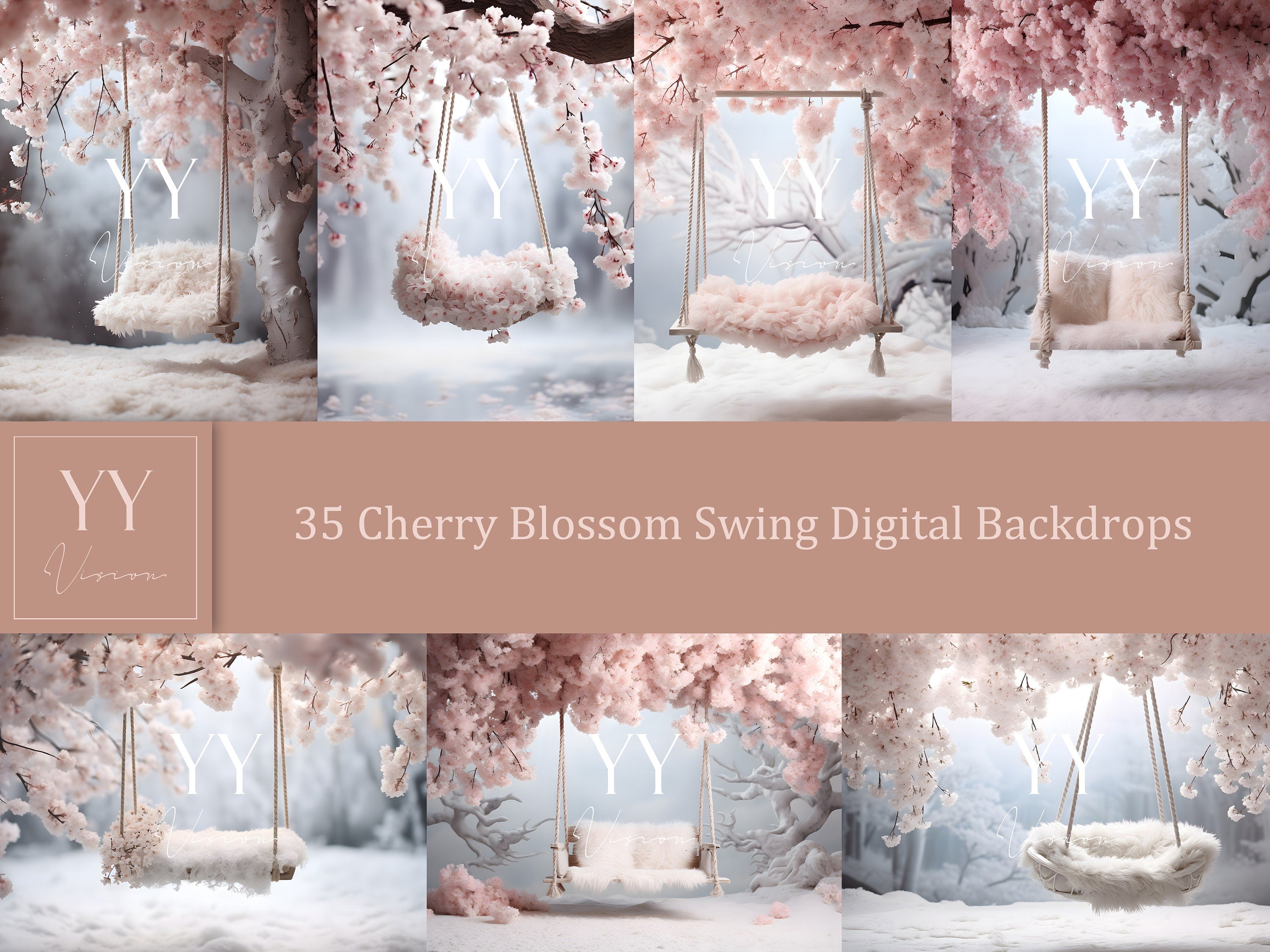 35 Baby Cherry Blossom Swing digitale Hintergründe Sets für Neugeborene Schwangerschaft Fotografie Fine Arts Studio Photoshop Overlay