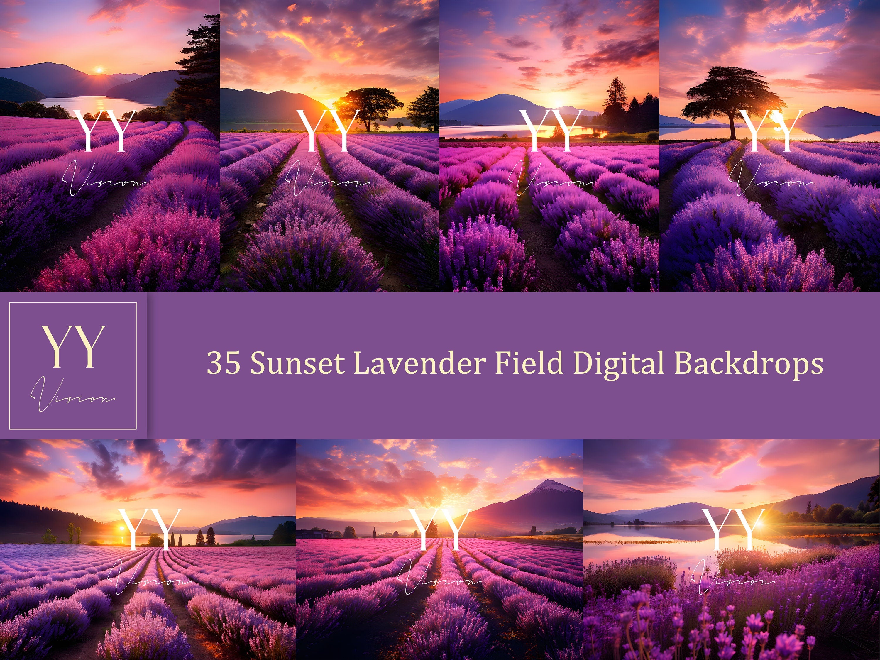 35 Sunset Lavender Field Digital Backdrops Sets for Wedding Maternity Kids Photography Fine Arts Studio Photoshop