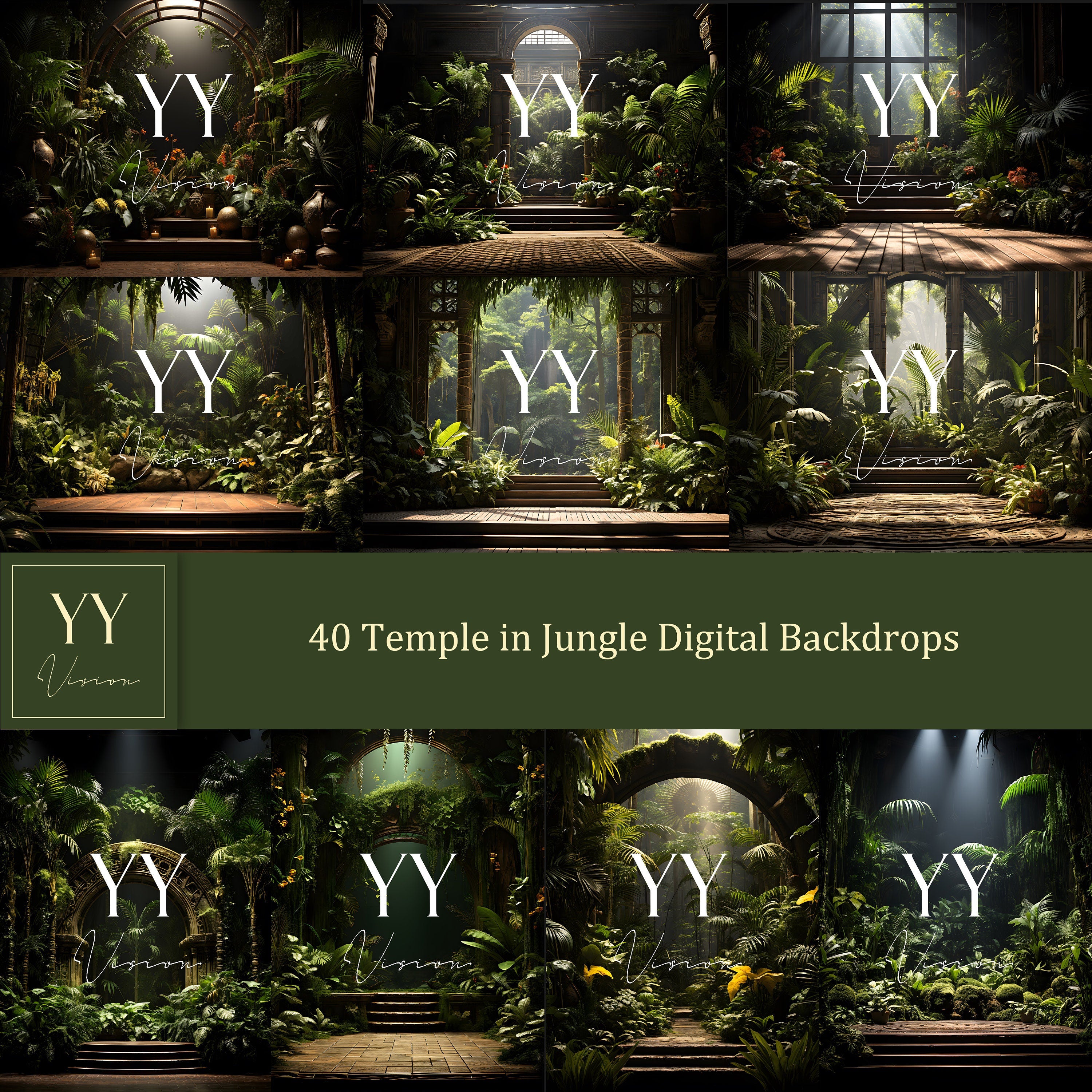 40 ensembles de décors numériques Temple dans la jungle pour la photographie d'aventure de maternité Studio des beaux-arts Arrière-plan Photoshop