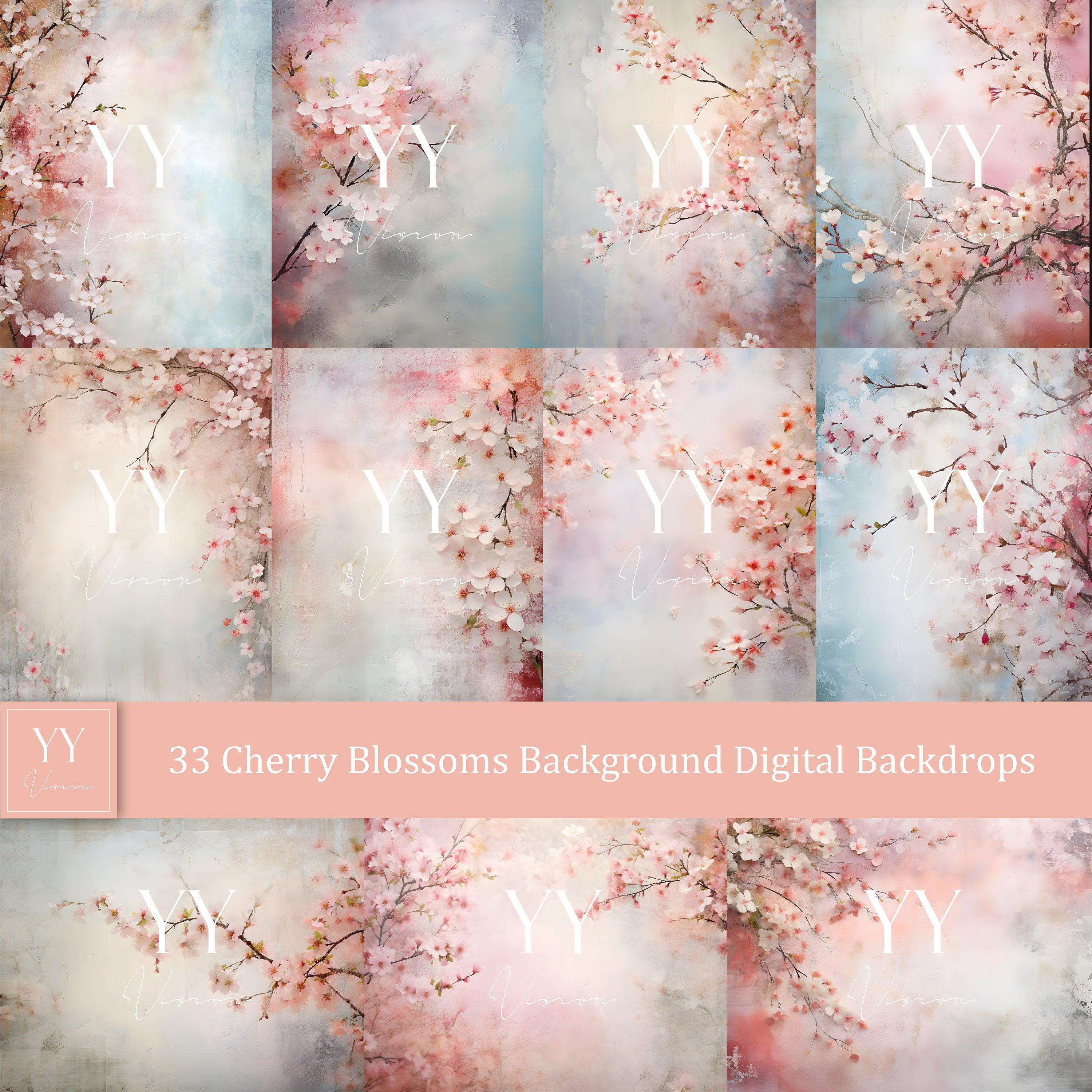 33 Cherry Blossoms Digital Backdrops Sets for Wedding Maternity Photography Fine Arts Studio Photoshop Background