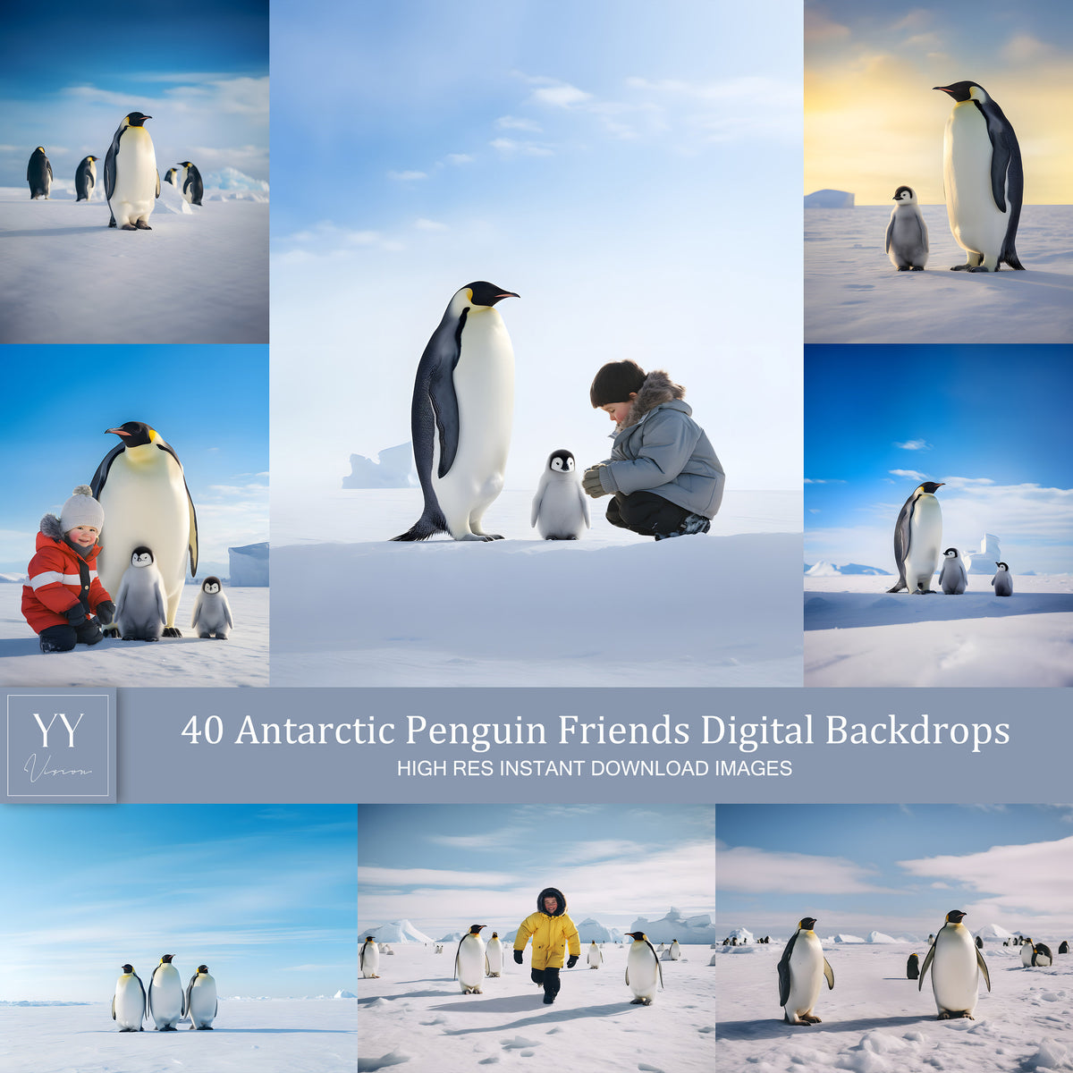 40 Antarctic Penguin Animal Friends Digital Backdrops Sets for Birthday Kids Photography Fine Arts Studio Photoshop Background