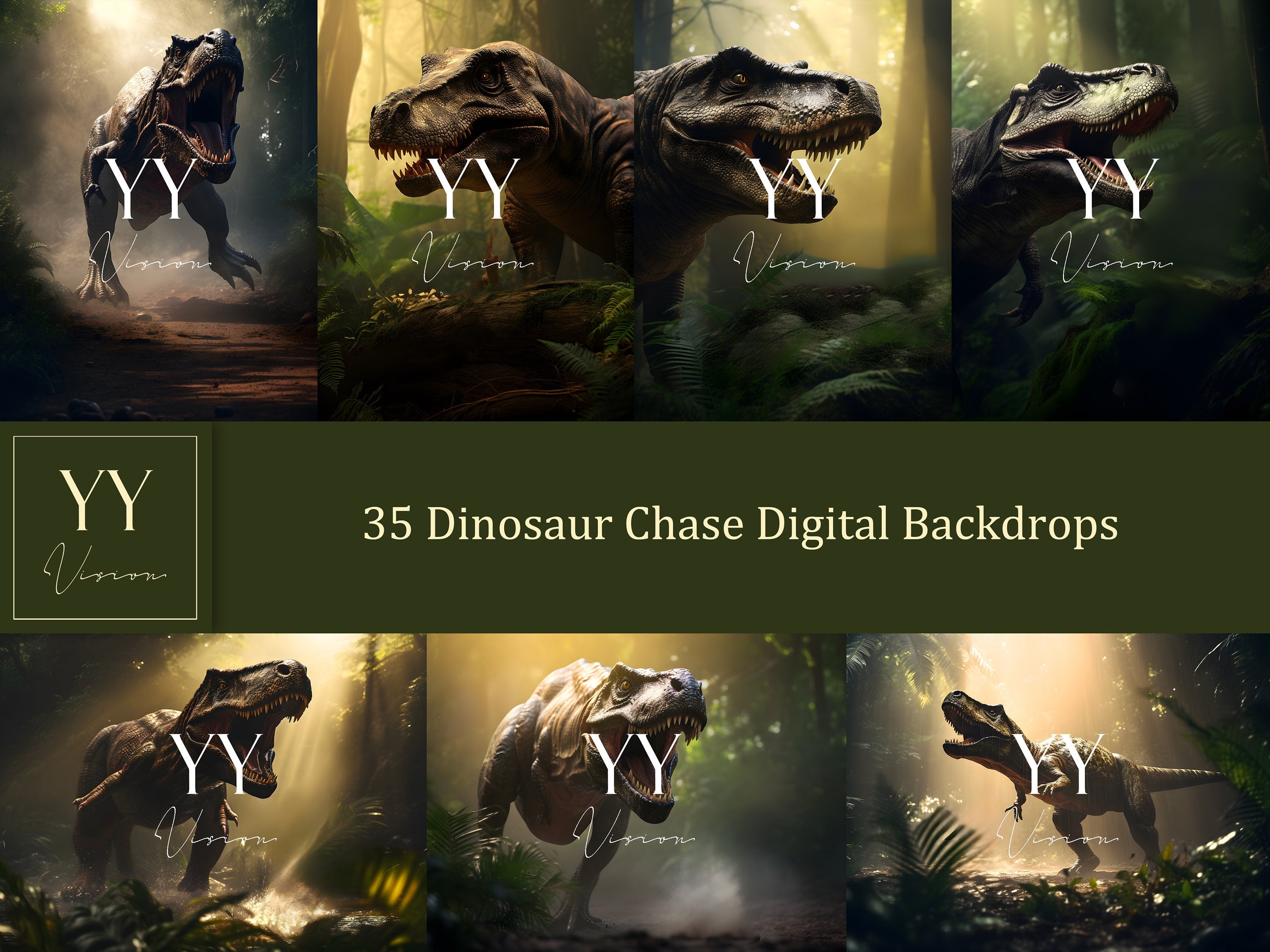 35 Dinosaur in Jungle Digital Backdrops Sets for Kids Adventure Photography Fine Arts Studio Photoshop Background