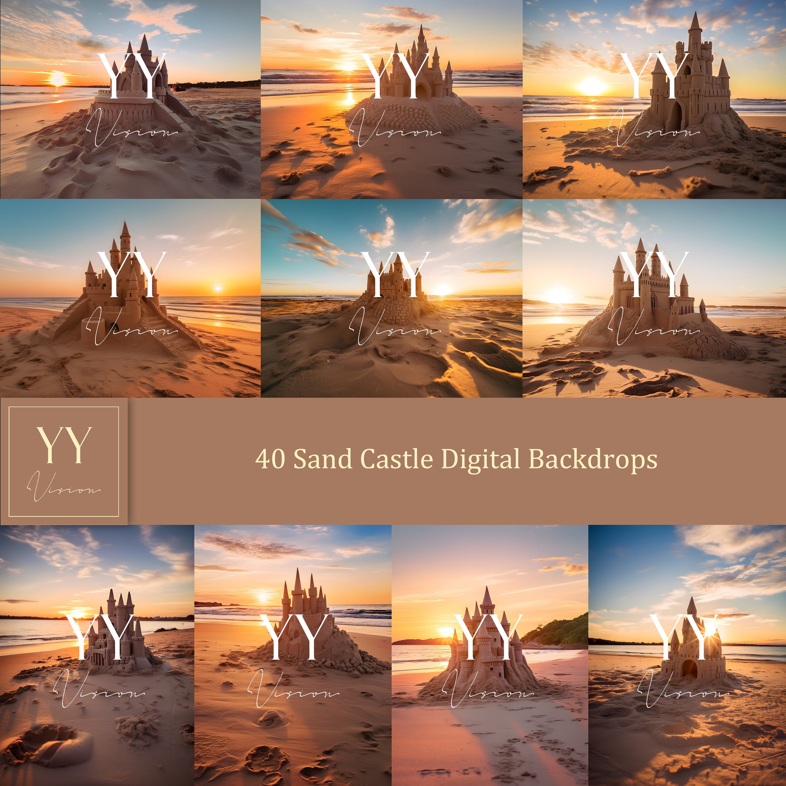 40 Sand Castle Beach Digital Backdrops Sets for Baby Kids Photography Fine Arts Studio Photoshop Overlay