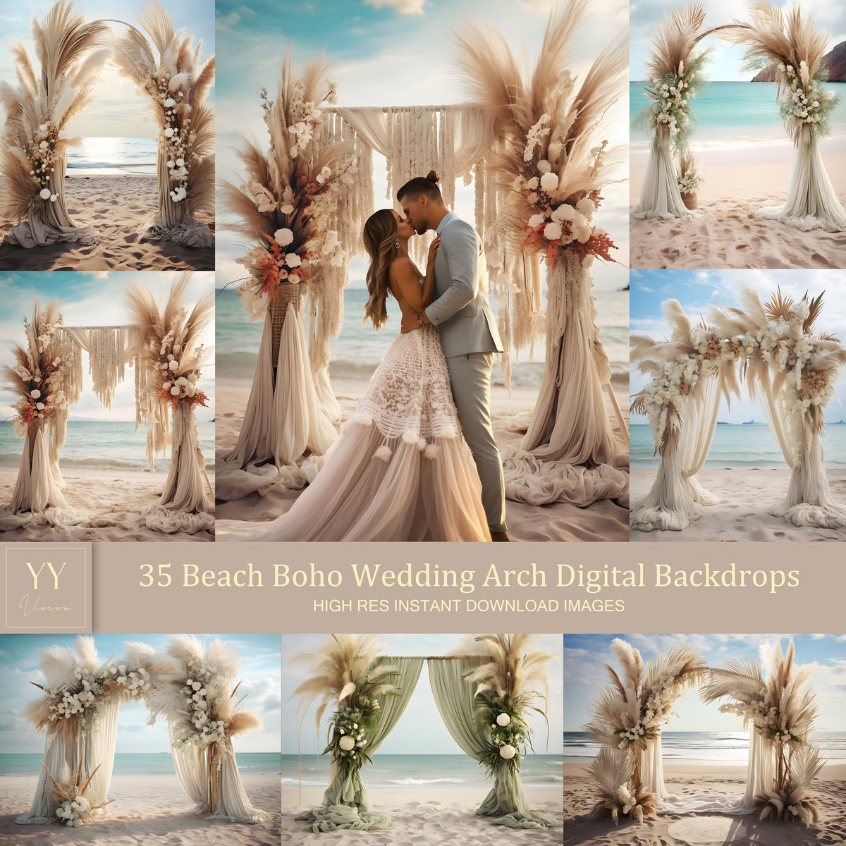 35 Boho Hochzeitsbogen am Strand Digitale Hintergründe Sets Schwangerschaftsfotografie Hochzeit Valentinstag Hintergrund Photoshop Overlay