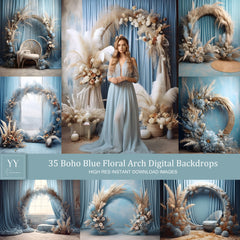 35 Boho Blue Floral Arch Digital Backdrop Sets for Maternity Wedding Photography Digital Backdrops Studio Photography JPG Photoshop Overlays