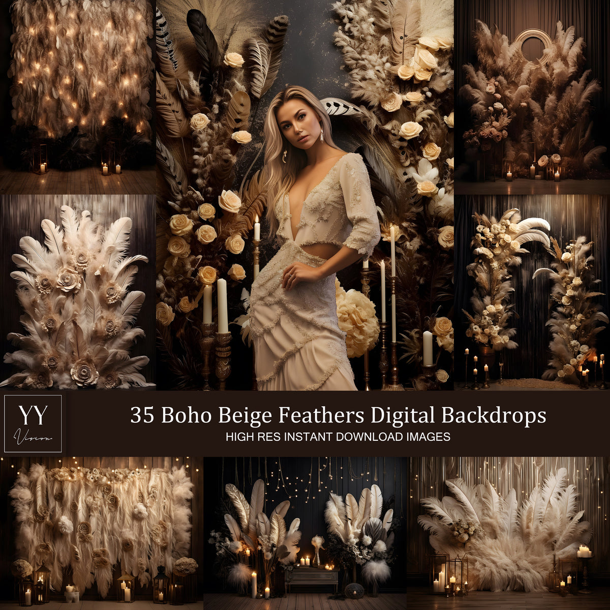 35 ensembles de toiles de fond numériques Boho Beige Feather pour la photographie de mariage de maternité Toiles de fond numériques Photographie de studio Superpositions JPG Photoshop