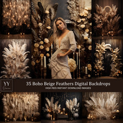 35 Boho Beige Feather Digital Backdrops Sets for Maternity Wedding Photography Digital Backdrops Studio Photography JPG Photoshop Overlays