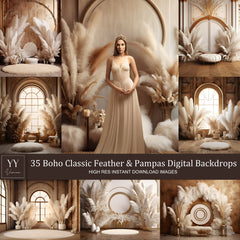 35 Boho Classic Feather Pampas Grass Digital Backdrops Sets for Maternity Wedding Photography Digital Backdrop Studio Photography Photoshop