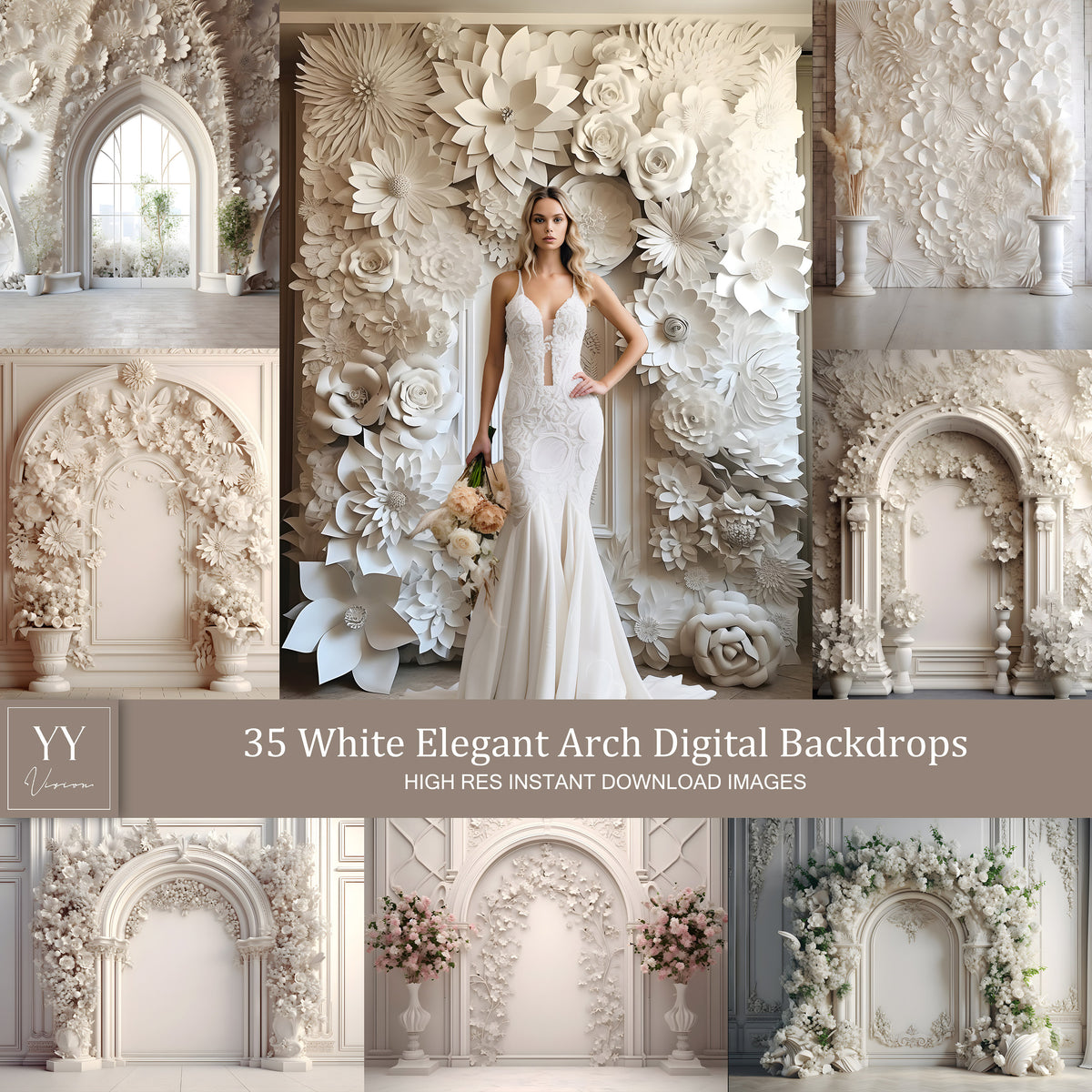 35 White Elegant Arch Digital Backdrops Sets for Maternity Wedding Photography Digital Backdrops Studio Photography JPG Photoshop Overlays