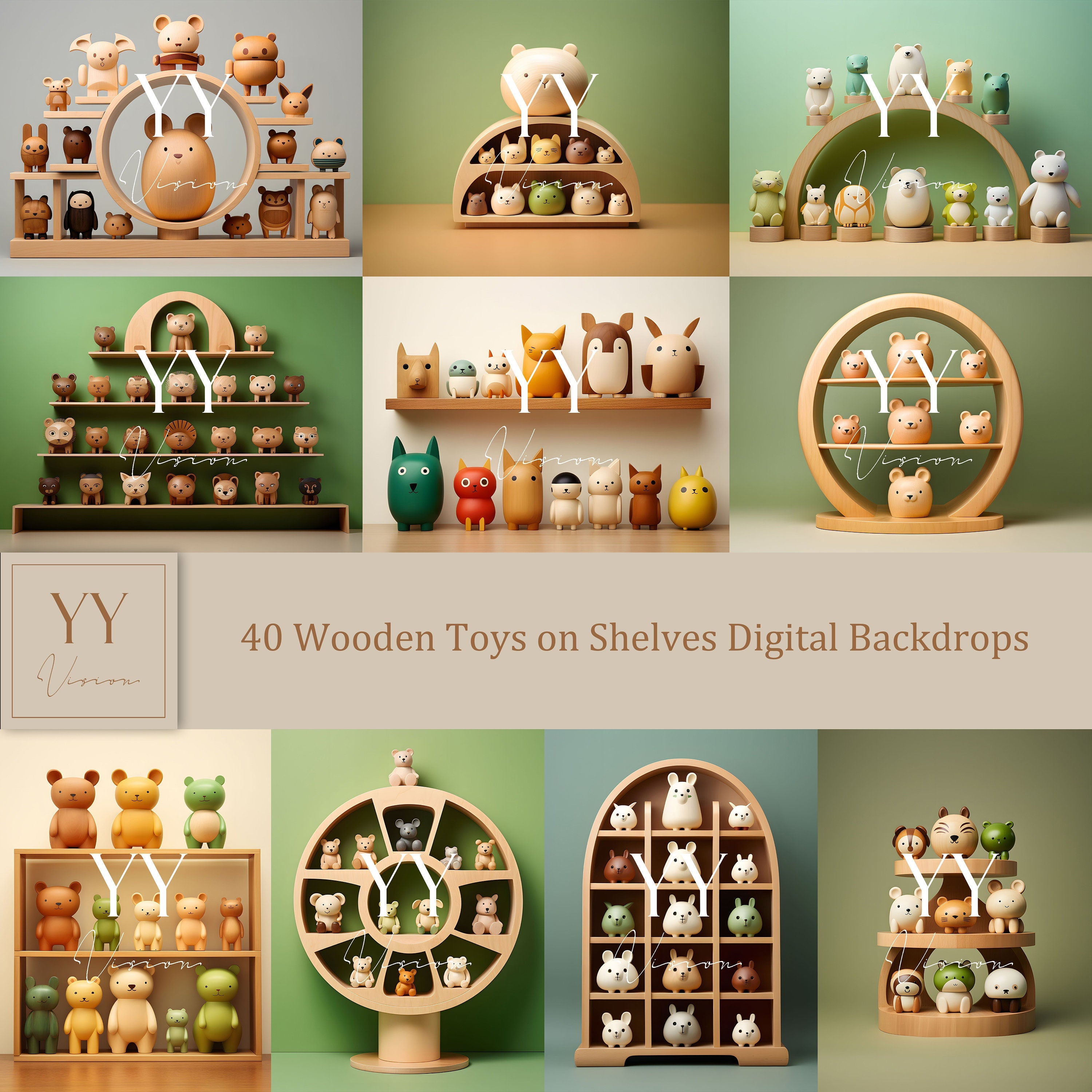 40 Woonden Toys on Shelves Digital Backdrops Sets for Baby Cake Smash Birthday Photography Fine Arts Studio Photoshop Background