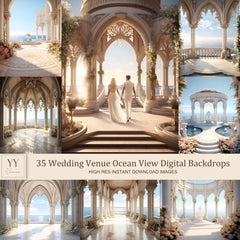 35 Golden White Venue Ocean View Wedding Digital Backdrops Sets Maternity Studio Photography Ceremony Digital Backdrops JPG Photoshop