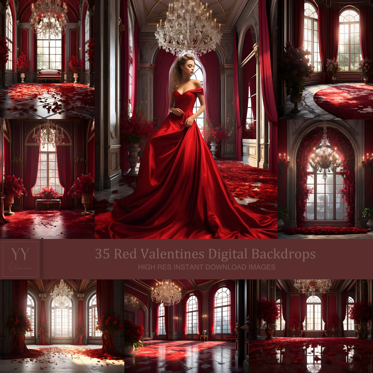 35 Red Valentines Floral Digital Backdrops Sets for Maternity Photography Wedding Studio Photoshop Overlays