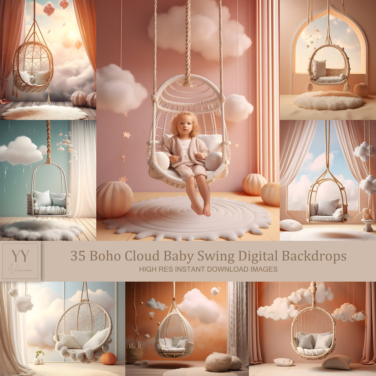 35 Boho Cloud Baby Swing digitale Hintergründe Sets für Schwangerschaftsfotografie Fine Arts Studio Photoshop Overlay