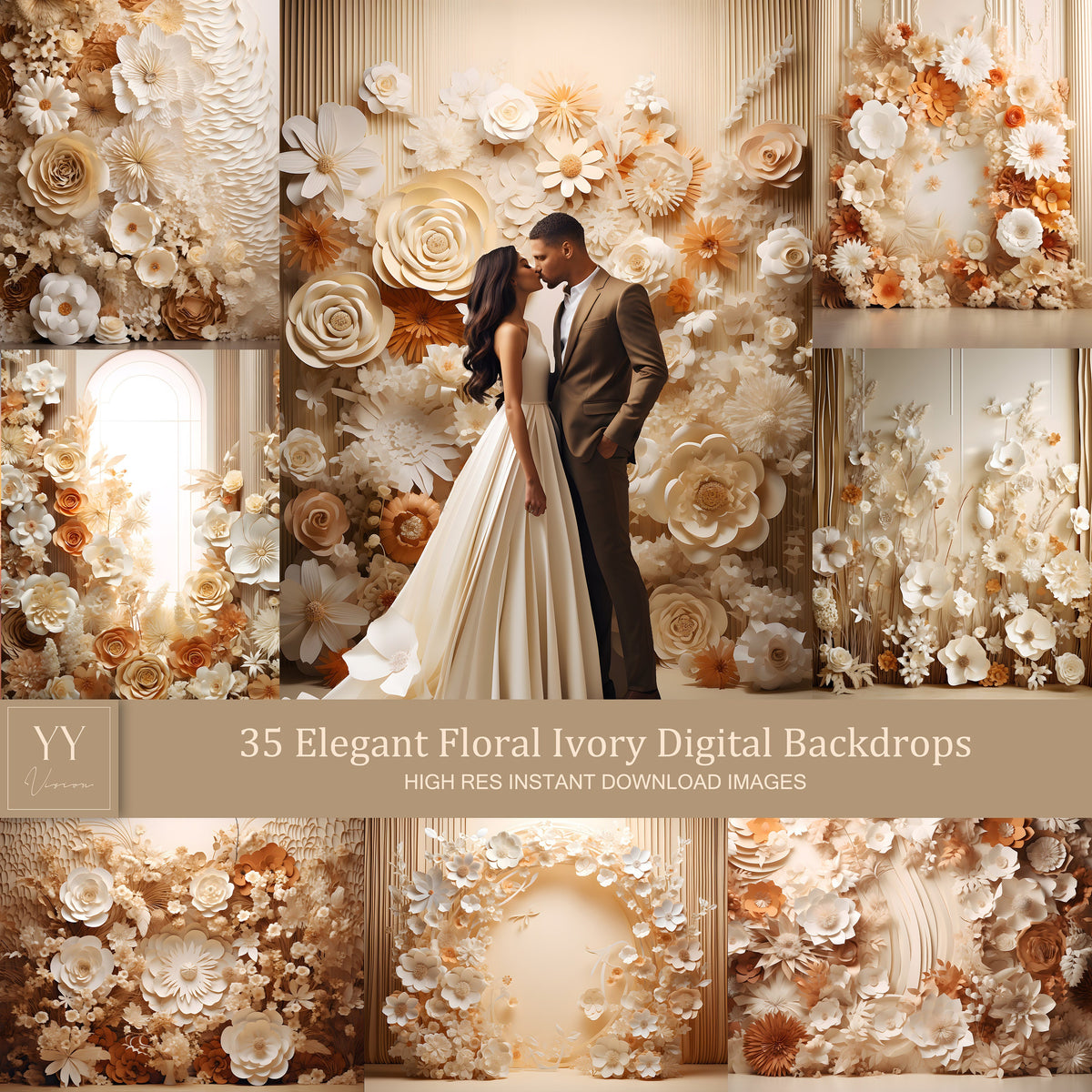 35 Elegant Floral Ivory Digital Backdrops Sets for Maternity Photography Wedding Valentine Studio Background Photoshop Overlays