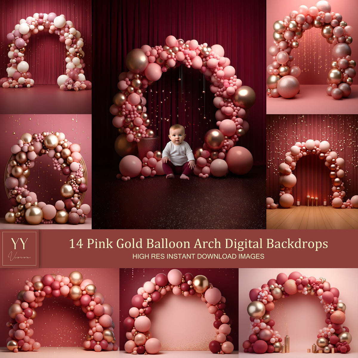 14 Pink Gold Balloon Arch Digital Backdrops Sets for Newborn Baby Cake Smash Photography Fine Arts Studio Photoshop Background