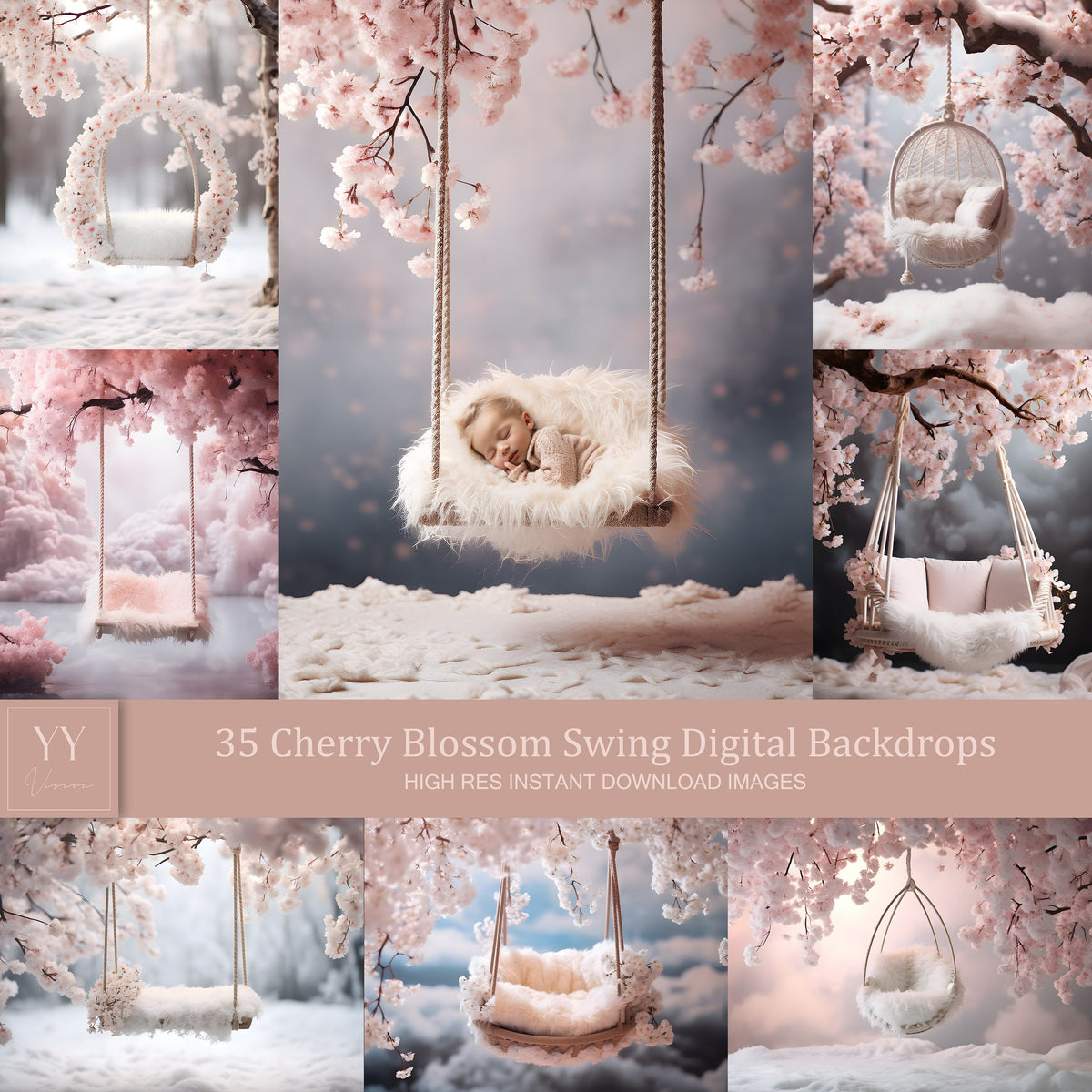 35 Baby Cherry Blossom Swing digitale Hintergründe Sets für Neugeborene Schwangerschaft Fotografie Fine Arts Studio Photoshop Overlay