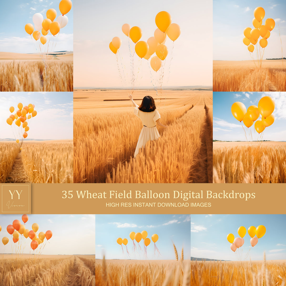 35 Balloon in Wheat Field Digital Backdrops Sets for Wedding Maternity Birthday Photography Fine Arts Studio Photoshop overlay