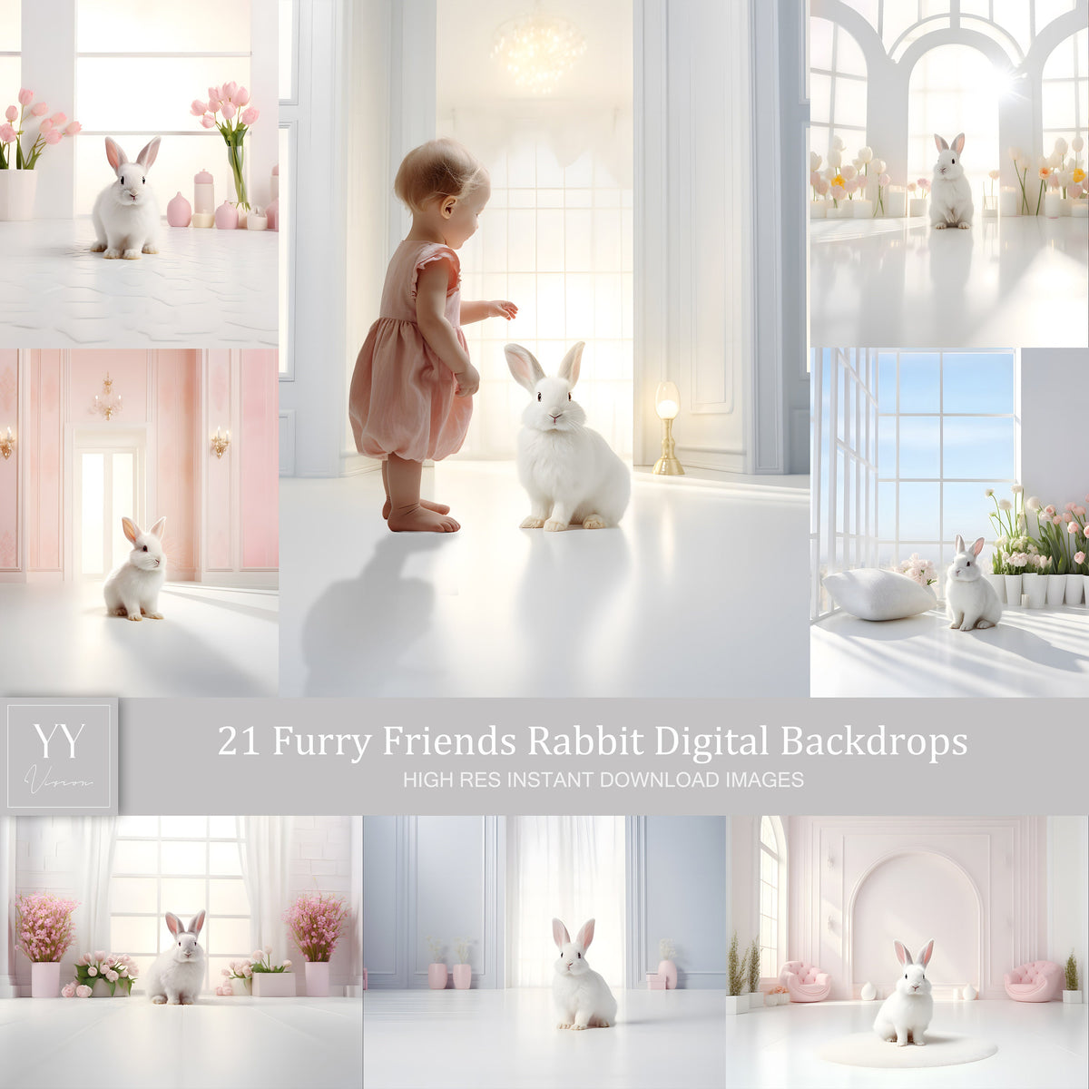 21 Furry Friends Rabbit Room Digital Backdrops Sets for Birthday Cake Smash Photography Fine Arts Studio Photoshop overlay