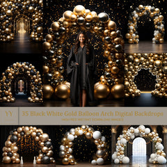 35 White Gold Black Balloon Arch Digital Backdrops Sets for Graduation Photography Fine Arts Studio Photoshop Overlay