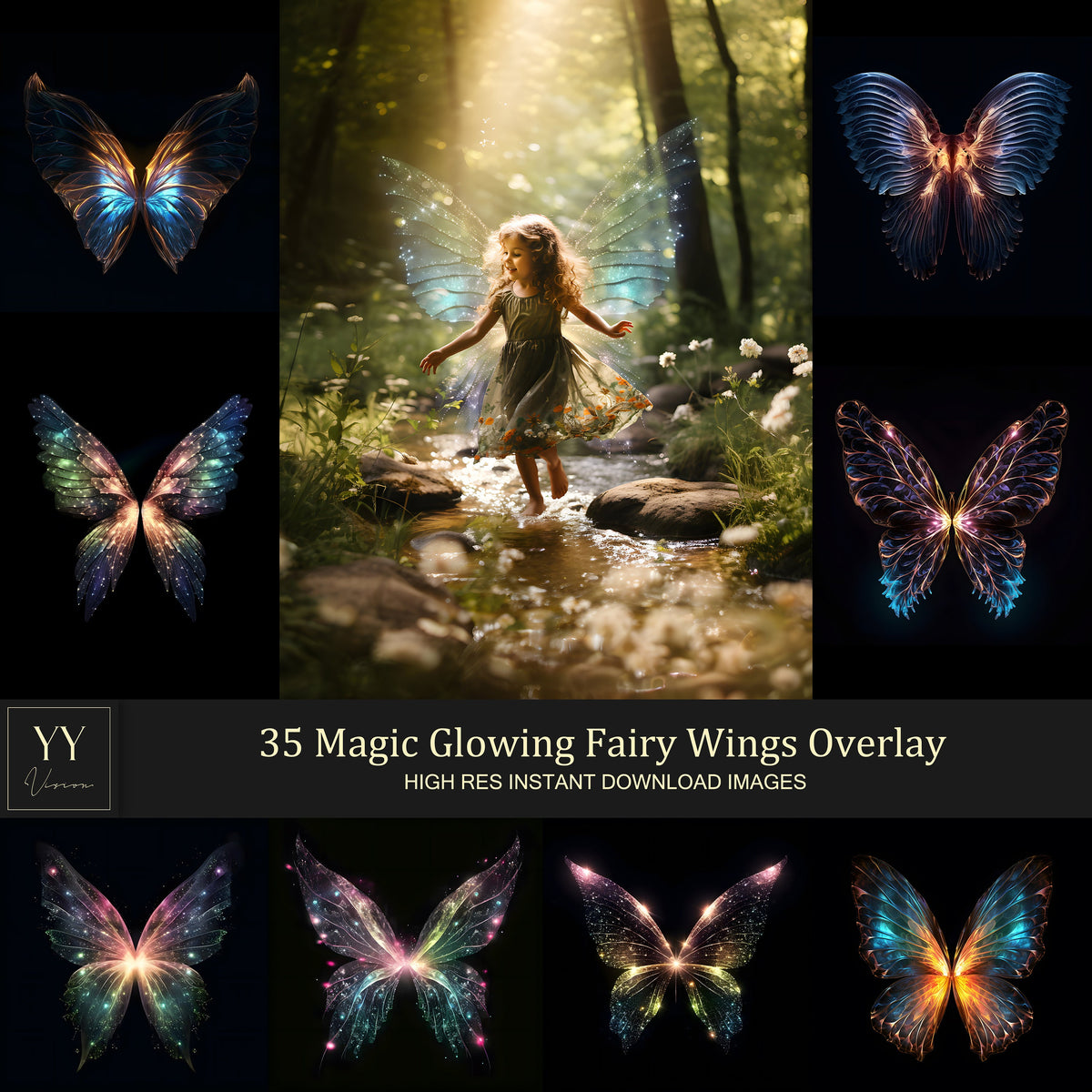 35 Magic Glowing Fairy Wings Digital Overlay Sets for Baby Kids Maternity Photography Fine Arts Portrait Photoshop