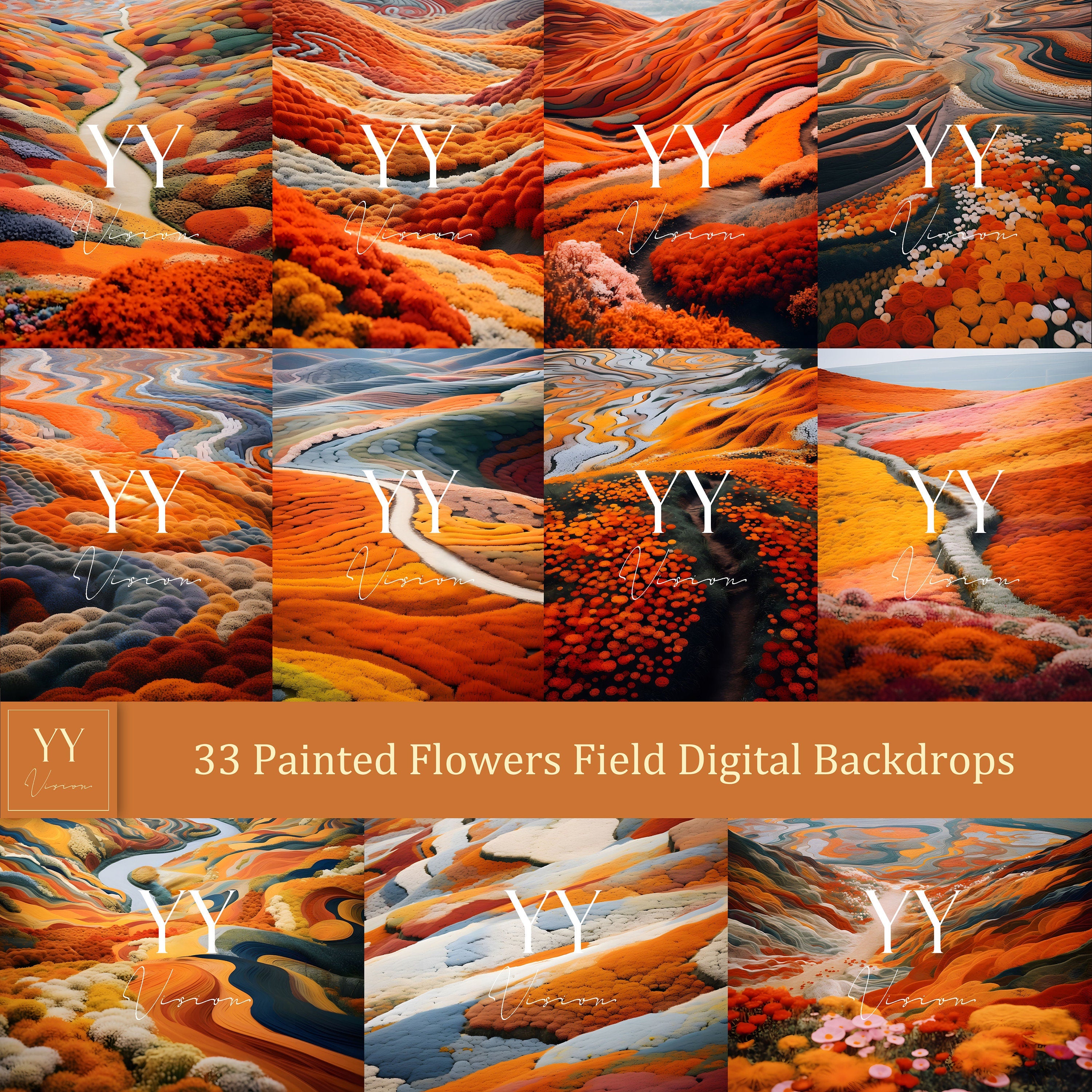 33 Painted Flowers Field Digital Backdrops Sets for Wedding Maternity Photography Fine Arts Studio Photoshop Background