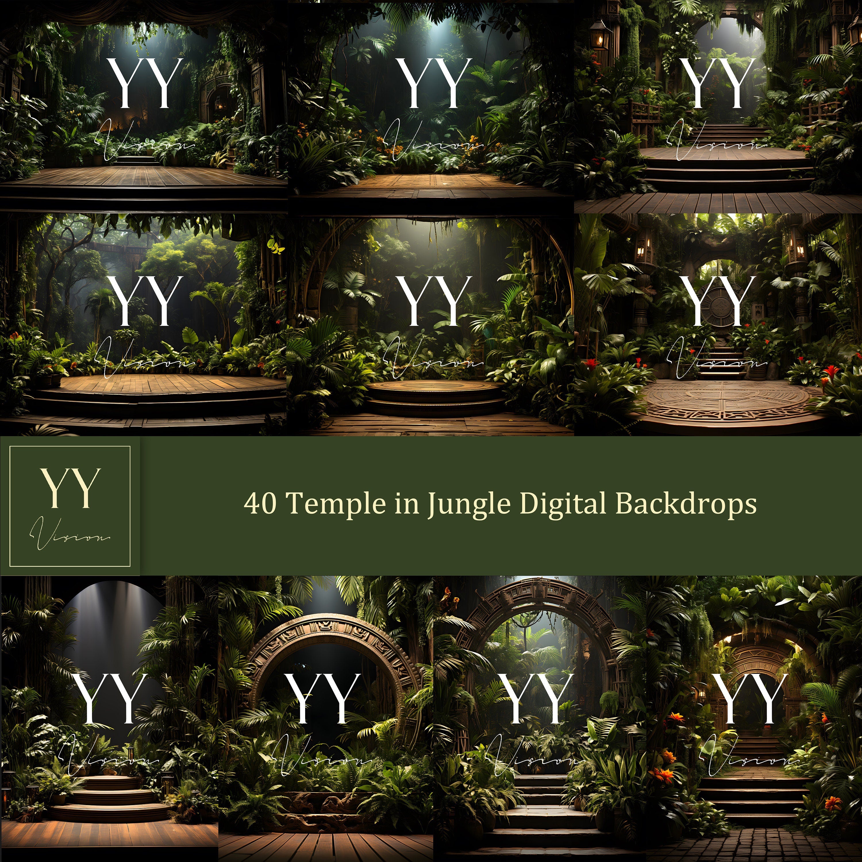 40 ensembles de décors numériques Temple dans la jungle pour la photographie d'aventure de maternité Studio des beaux-arts Arrière-plan Photoshop