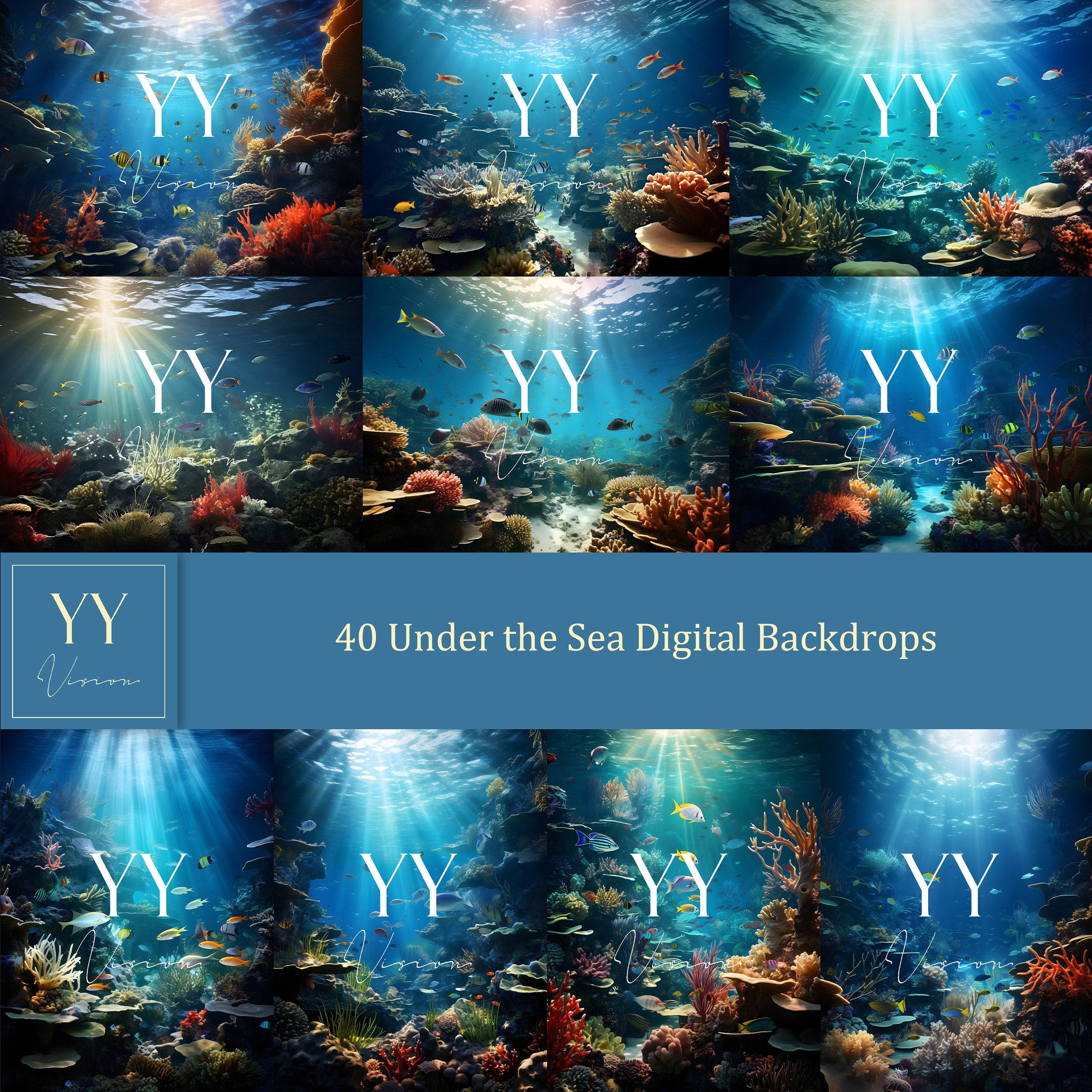 40 Tropical Ocean Under the Sea Digital Backdrops Sets for Birthday Kids Photography Fine Arts Studio Photoshop Background