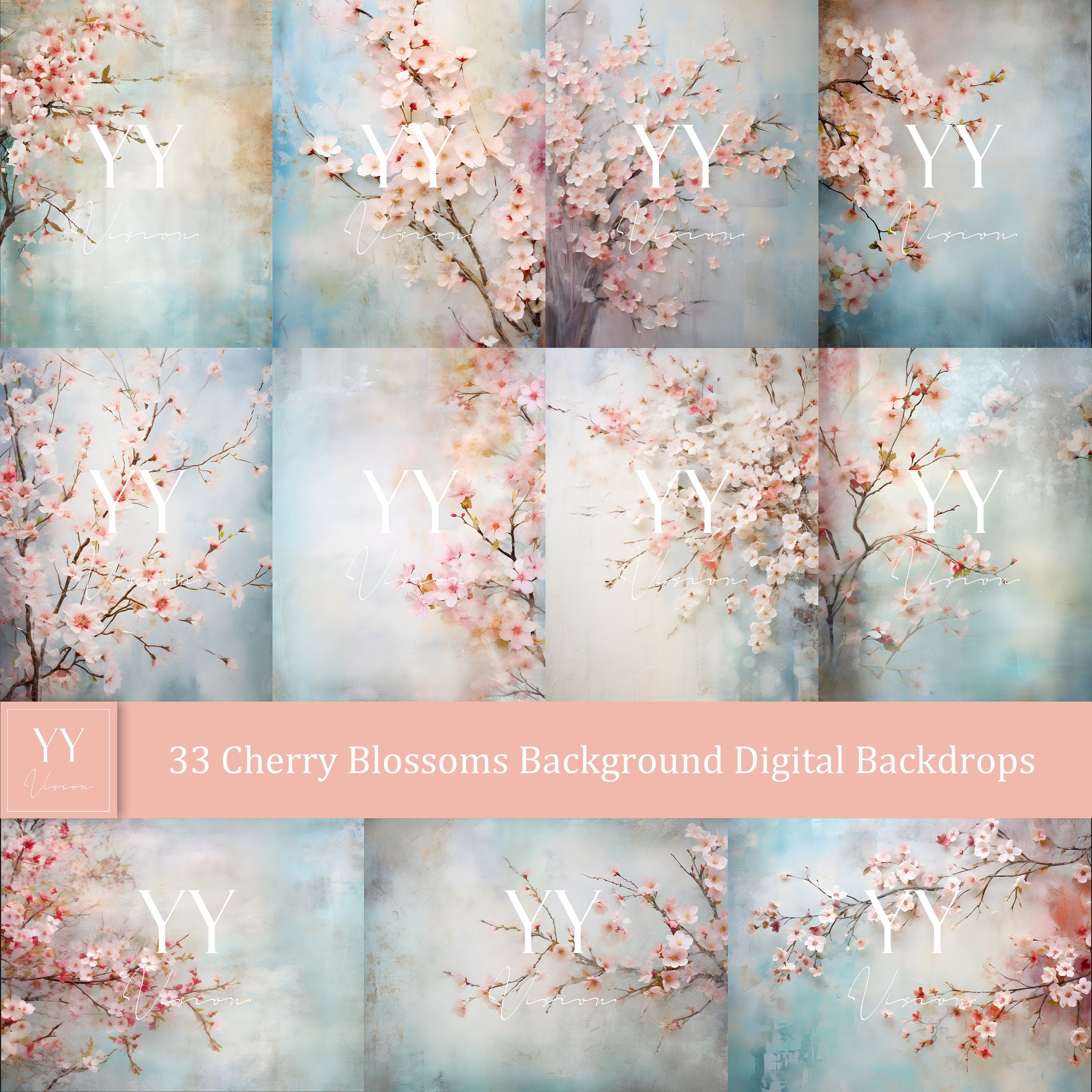 33 Cherry Blossoms Digital Backdrops Sets for Wedding Maternity Photography Fine Arts Studio Photoshop Background