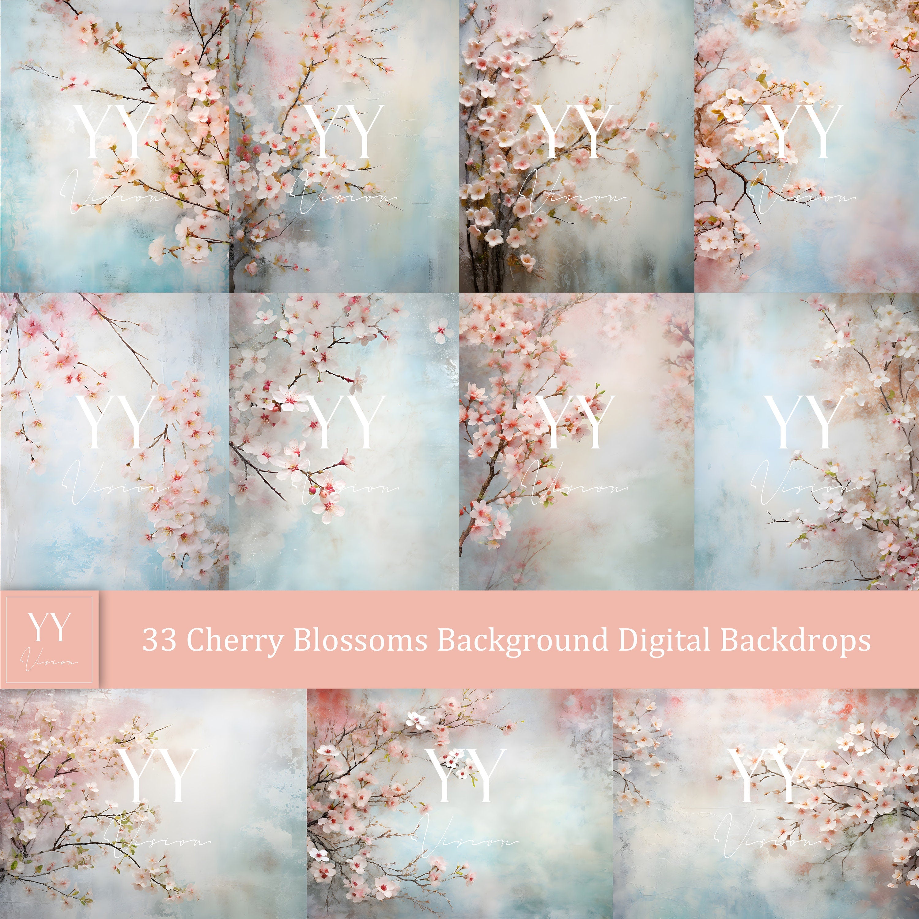 33 Cherry Blossoms Digital Backdrops Sets for Wedding Maternity Photography Fine Arts Studio Photoshop Background