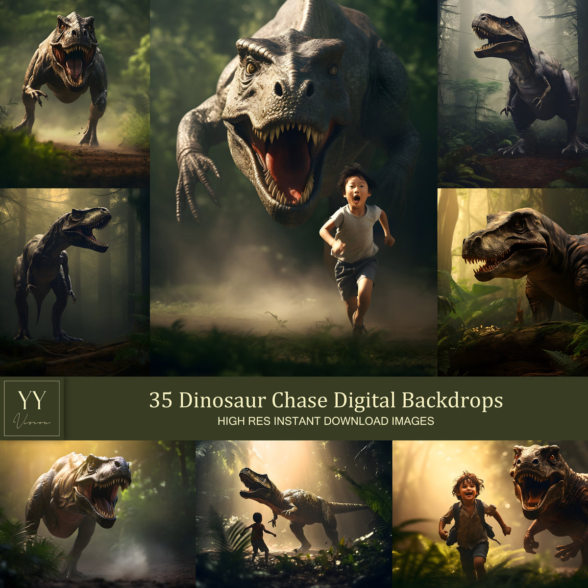 35 Dinosaur in Jungle Digital Backdrops Sets for Kids Adventure Photography Fine Arts Studio Photoshop Background