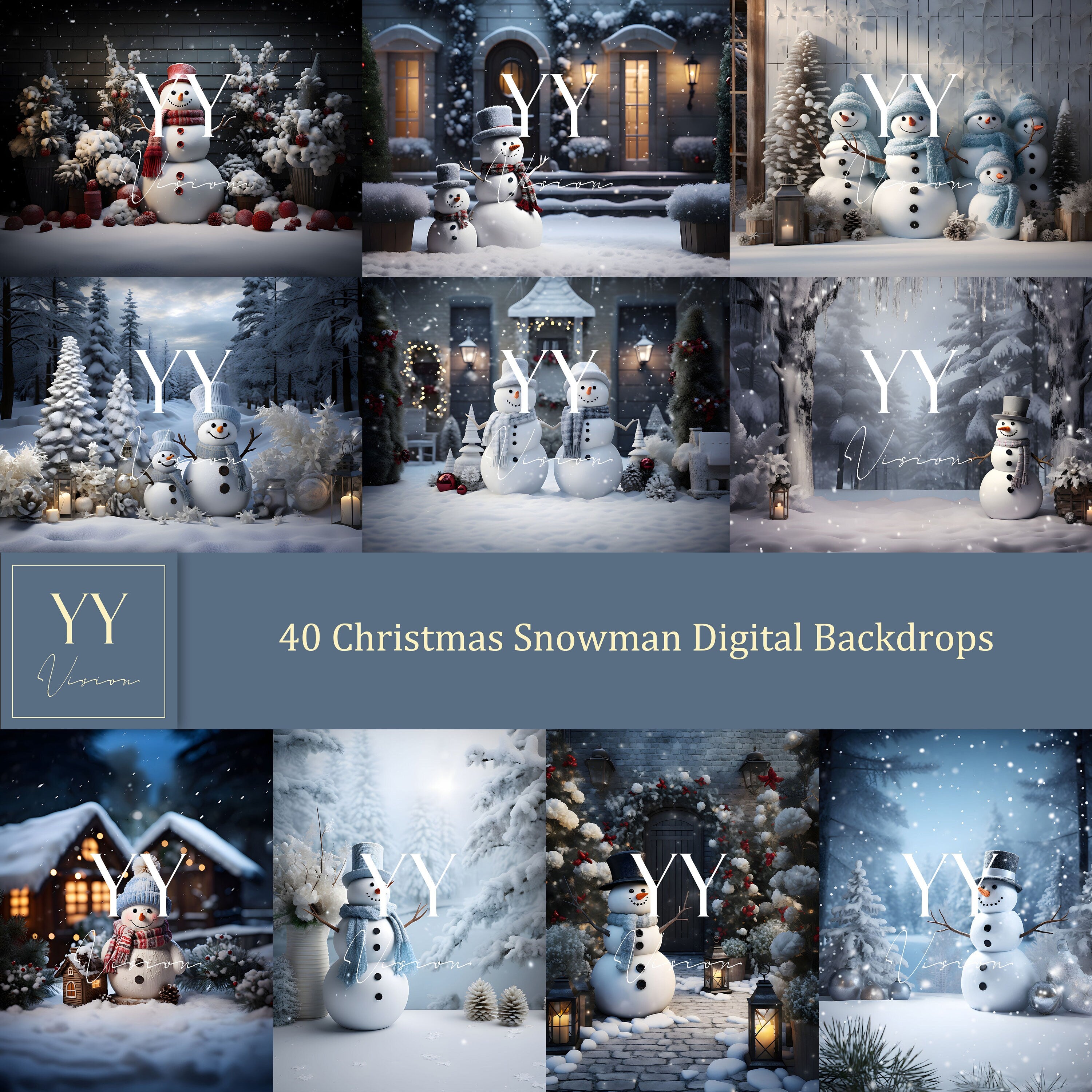 40 Christmas Snowman Digital Backdrops Sets for Holiday Christmas Winter Photography Fine Arts Studio Photoshop Background