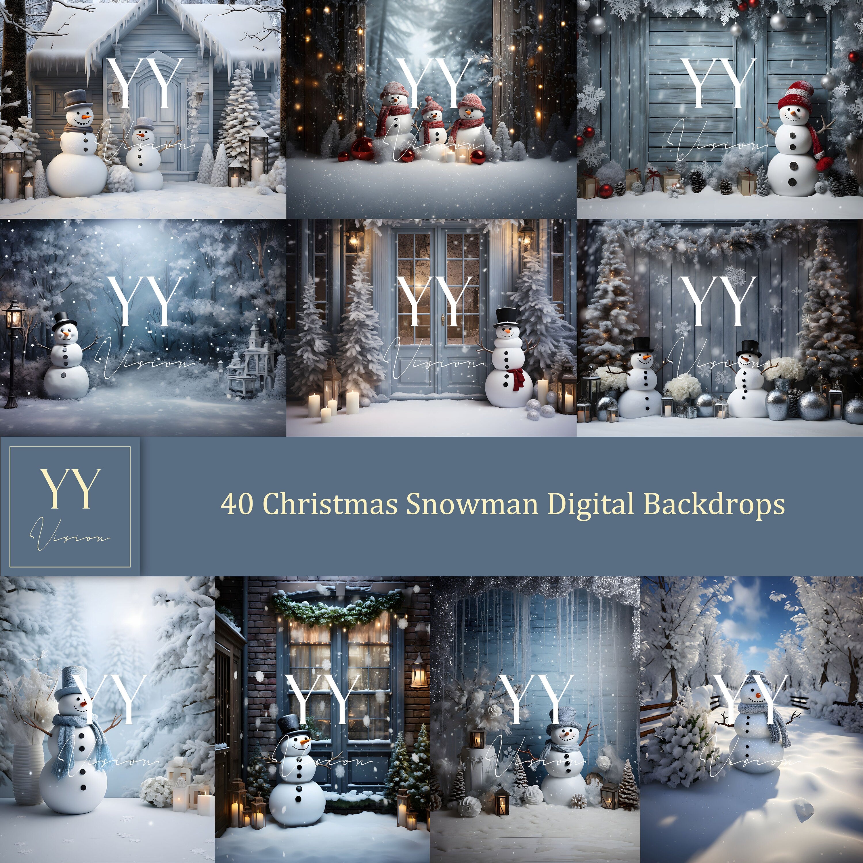 40 Christmas Snowman Digital Backdrops Sets for Holiday Christmas Winter Photography Fine Arts Studio Photoshop Background