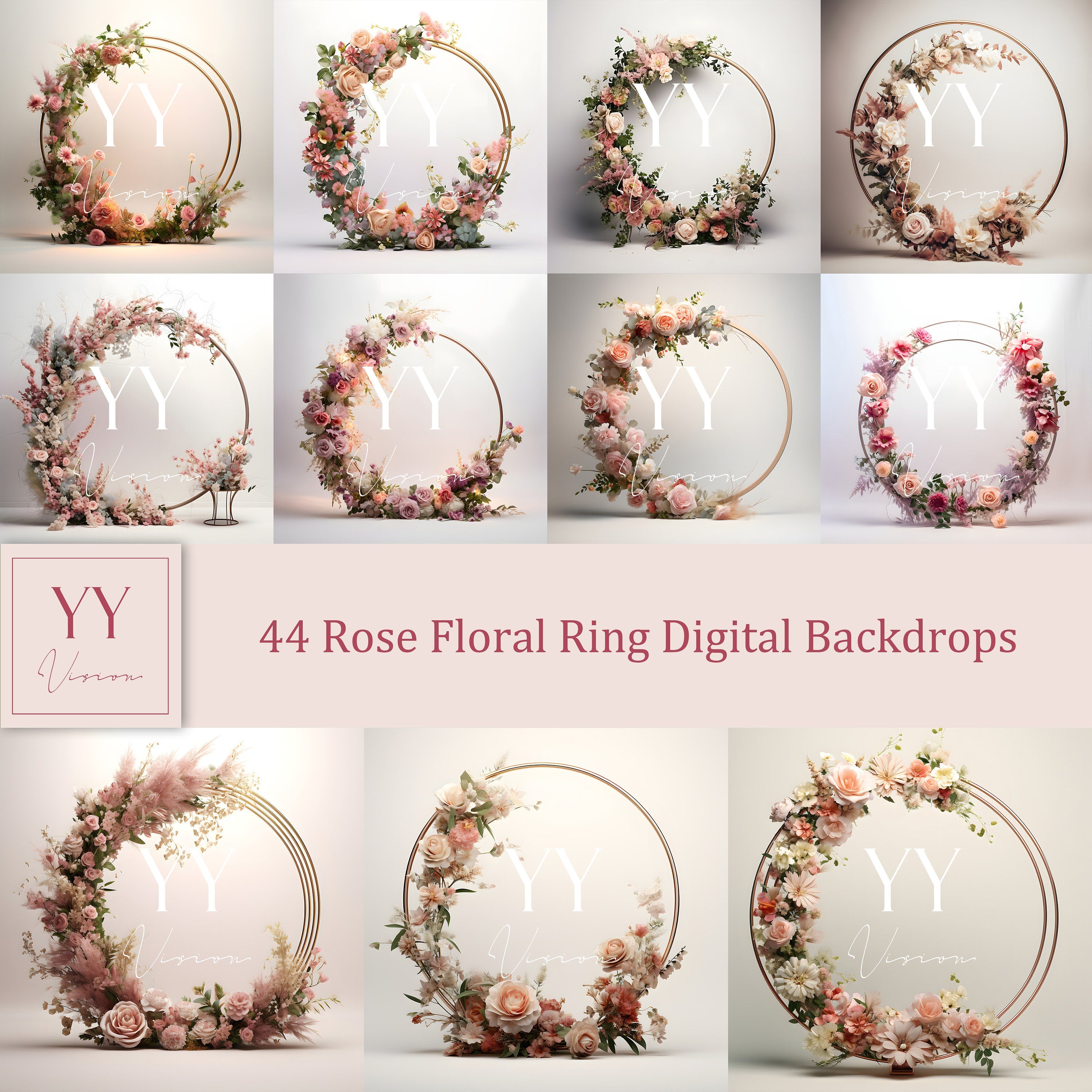 44 Rose Floral Ring Digital Backdrops Sets for Wedding Maternity Photography Digital Backdrop Photoshop Background