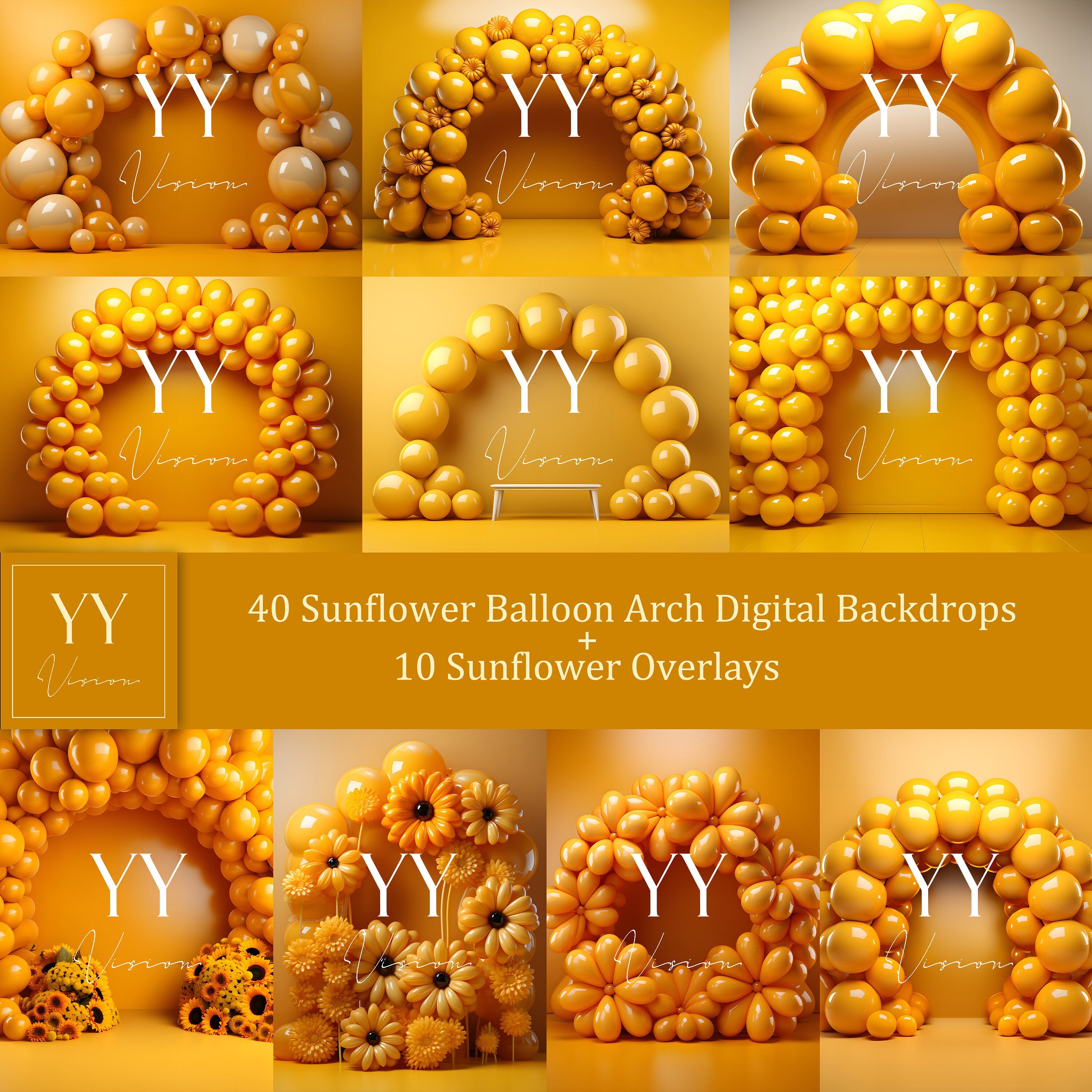 50 Autumn Sunflower Balloon Arch Digital Backdrops Overlay Sets for Wedding Birthday Seasonal Photography Fine Arts Background Overlays