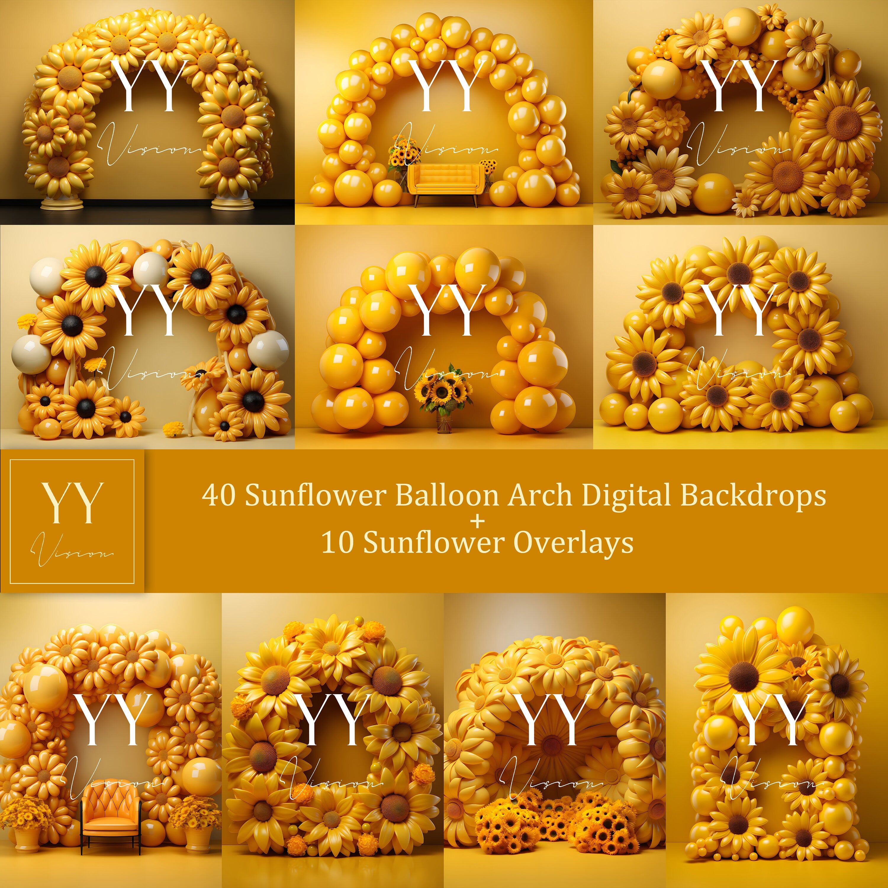 50 Autumn Sunflower Balloon Arch Digital Backdrops Overlay Sets for Wedding Birthday Seasonal Photography Fine Arts Background Overlays