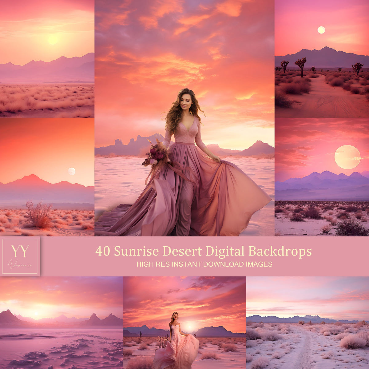 40 Sunrise in Desert Digital Backdrops Sets for Wedding Maternity Valentine Photography Fine Arts Studio Background