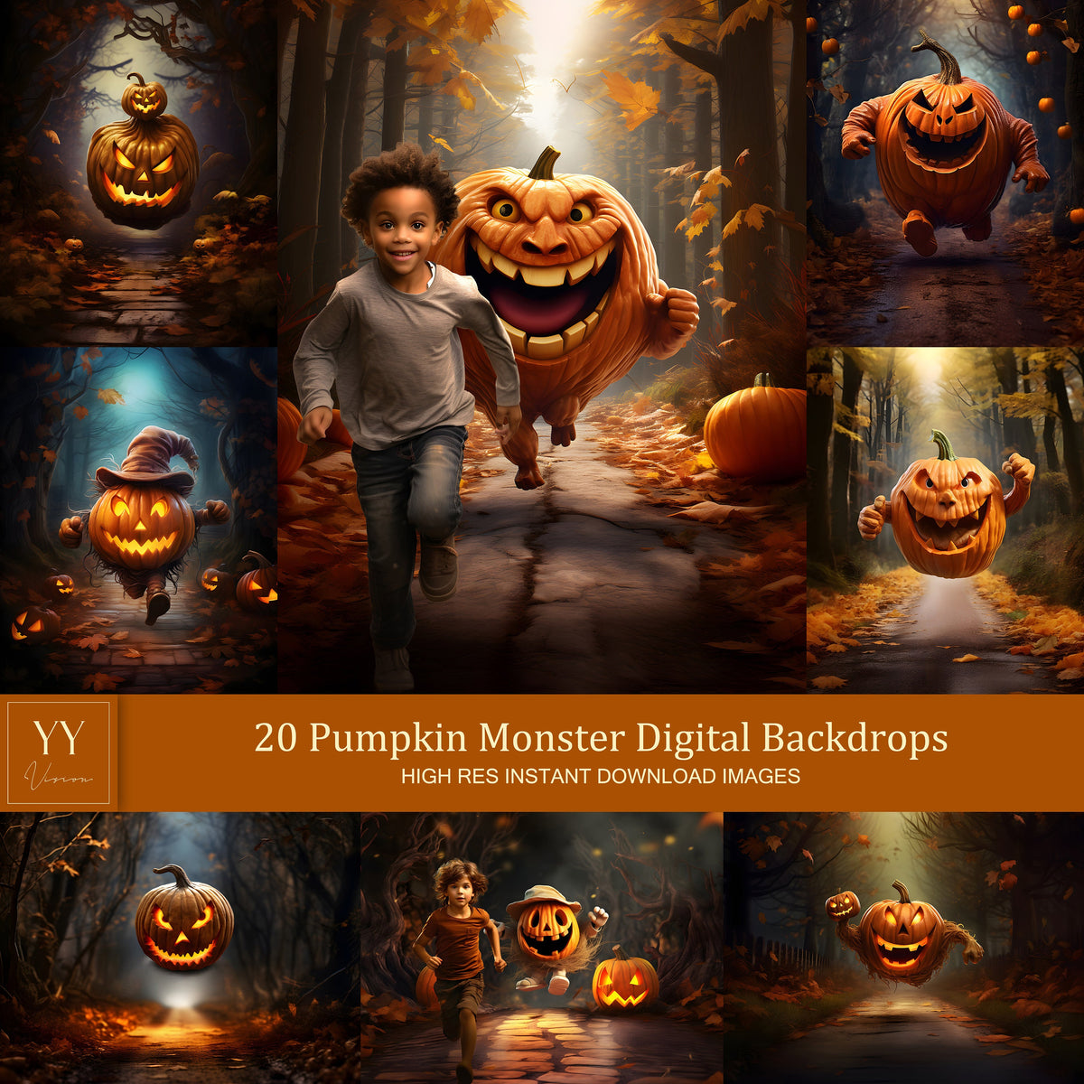 20 Halloween Pumpkin Monster Digital Backdrops Sets for Holiday Seasonal Photography Fine Arts Studio Photoshop Background