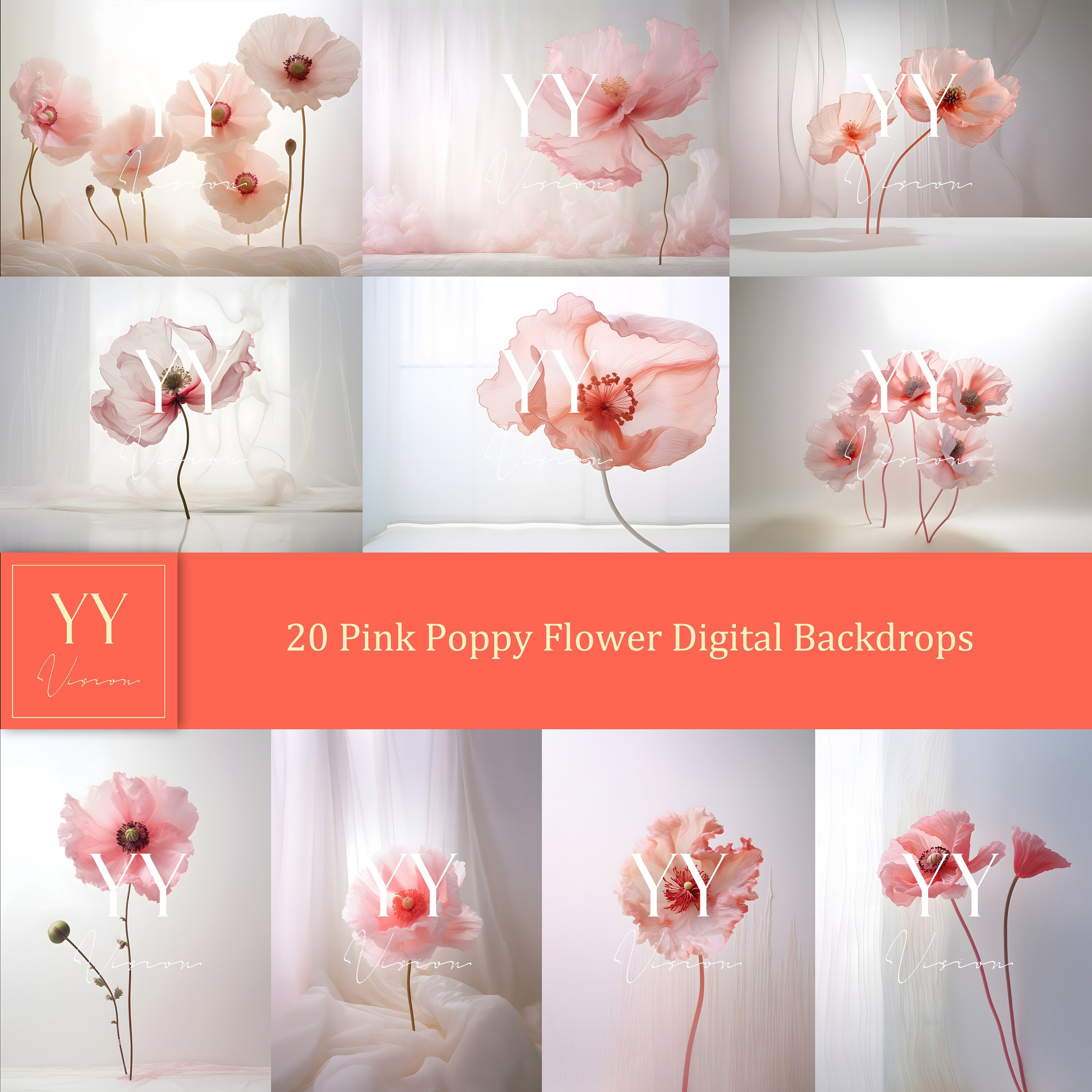 20 Rosa Mohnblumen im Studio Digitale Kulissen Sets für florale Hochzeit Schwangerschaftsfotografie Fine Arts Studio Photoshop Hintergrund