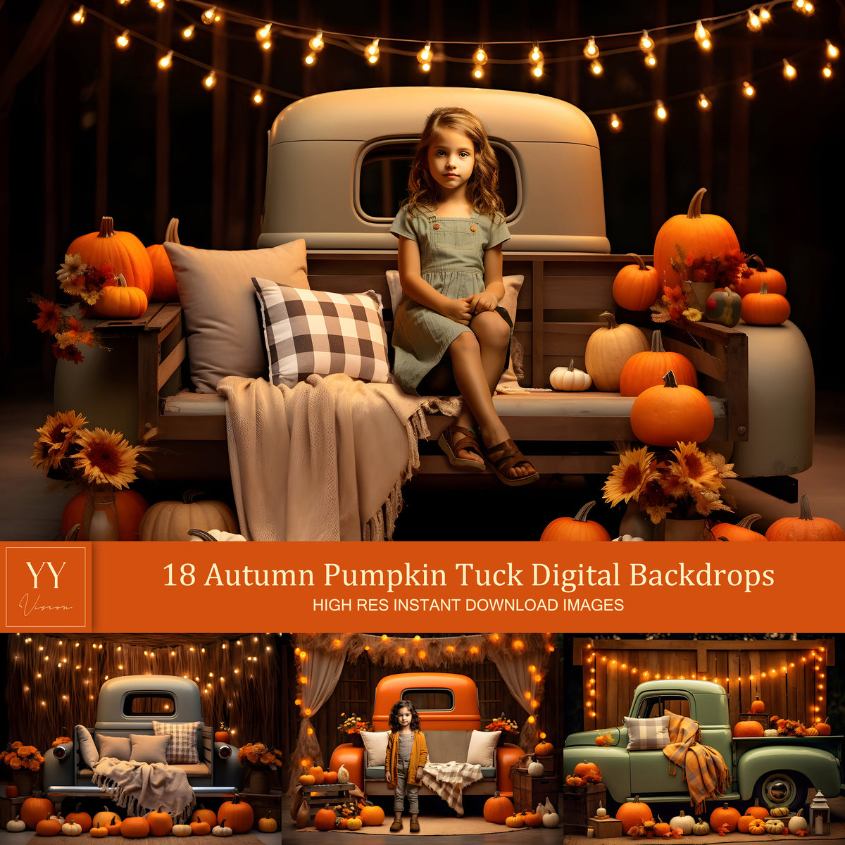 18 Autumn Pumpkin Truck Digital Backdrops Sets for Holiday Seasonal Photography Fine Arts Studio Photoshop Background