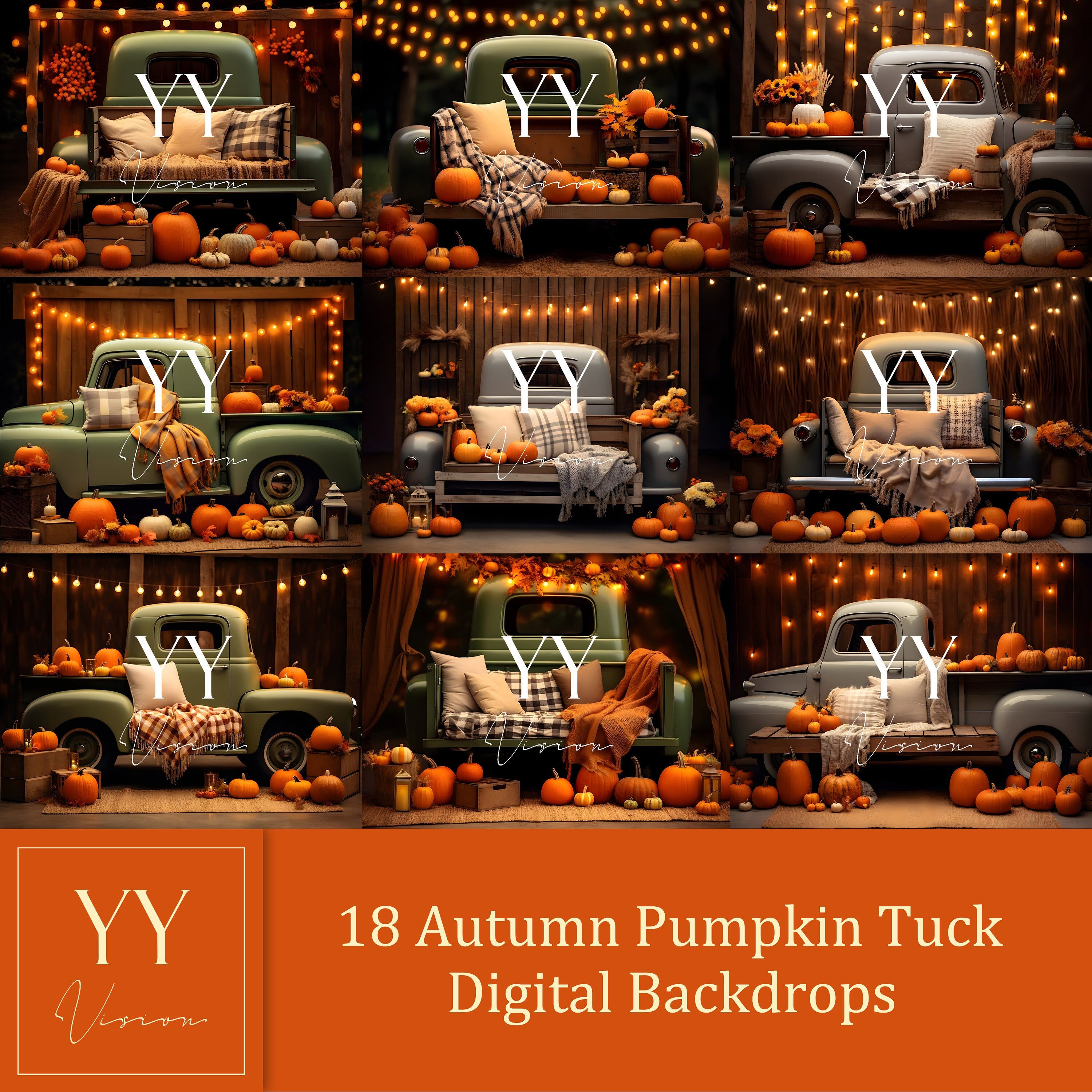 18 Autumn Pumpkin Truck Digital Backdrops Sets for Holiday Seasonal Photography Fine Arts Studio Photoshop Background