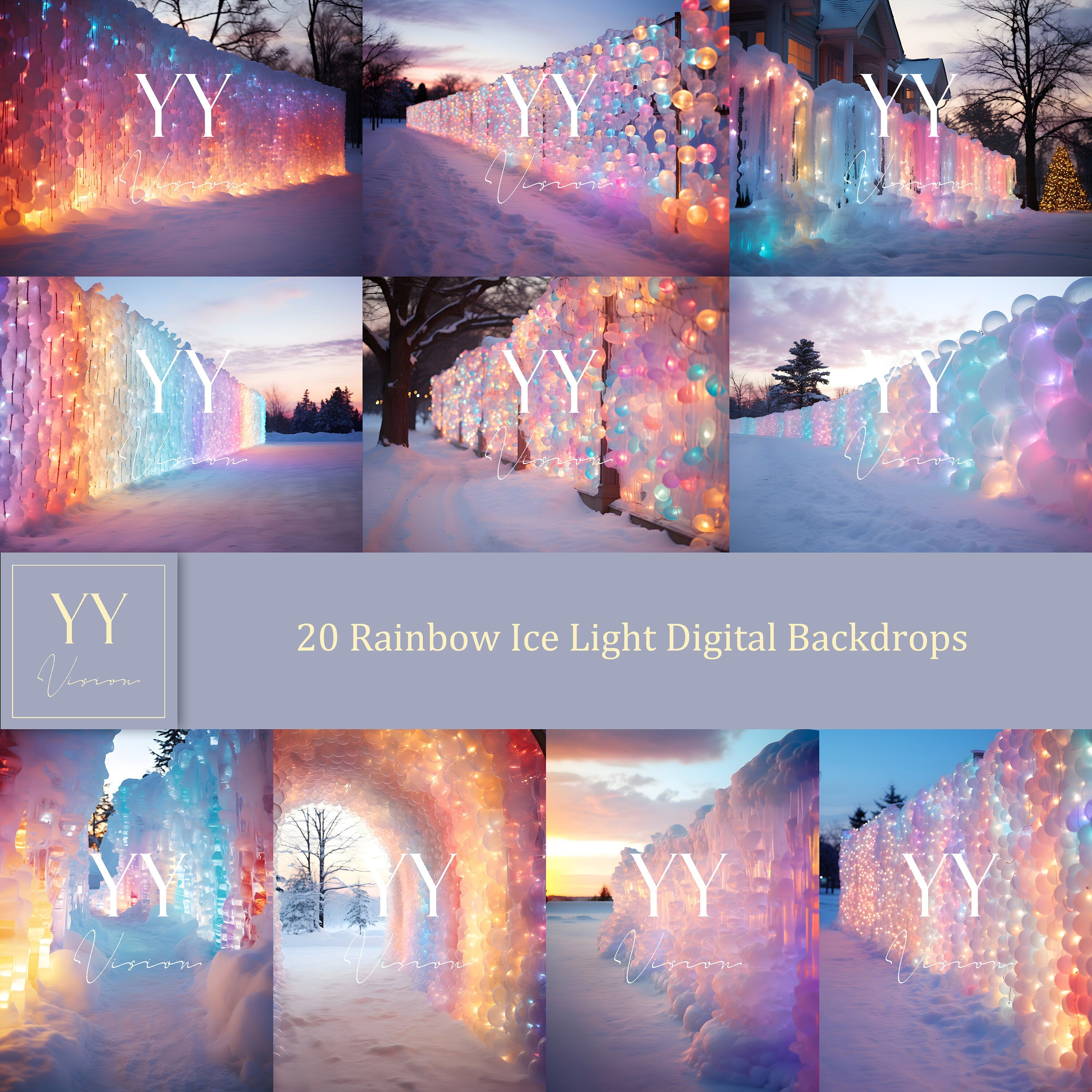 20 Rainbow Ice Christmas Lights Digital Backdrops Sets for Wedding Holiday Photography Fine Arts Studio Background