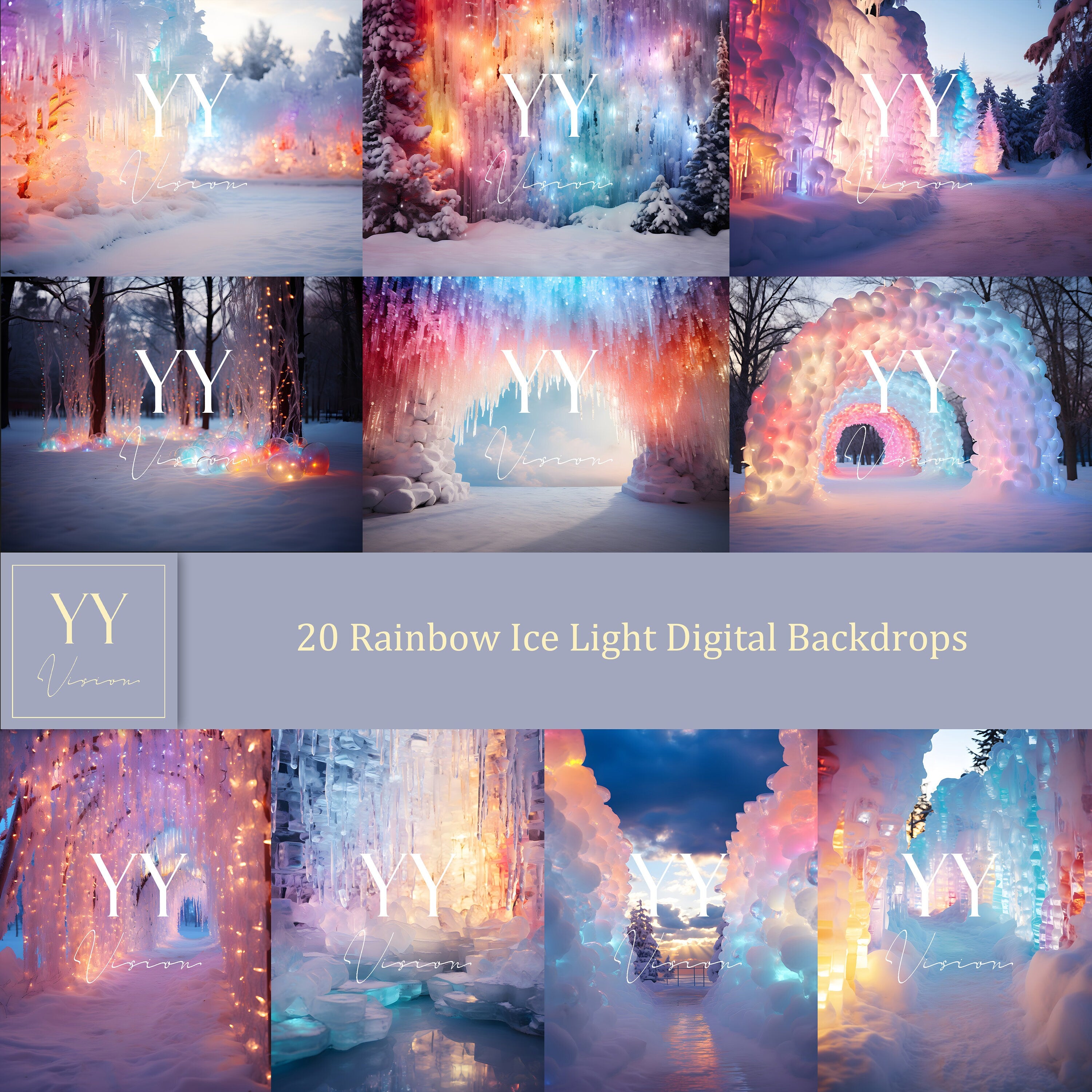 20 Rainbow Ice Christmas Lights Digital Backdrops Sets for Wedding Holiday Photography Fine Arts Studio Background