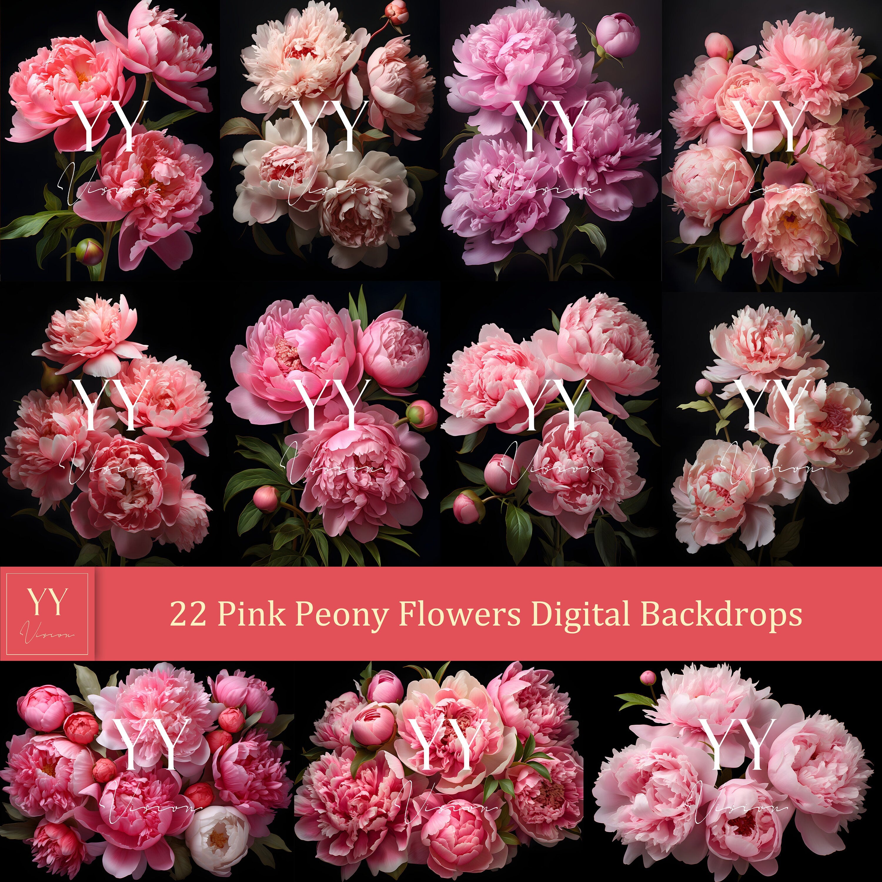 22 Pink Peony Flowers Digital Backdrops Sets for Wedding Maternity Photography Floral Photoshop Background