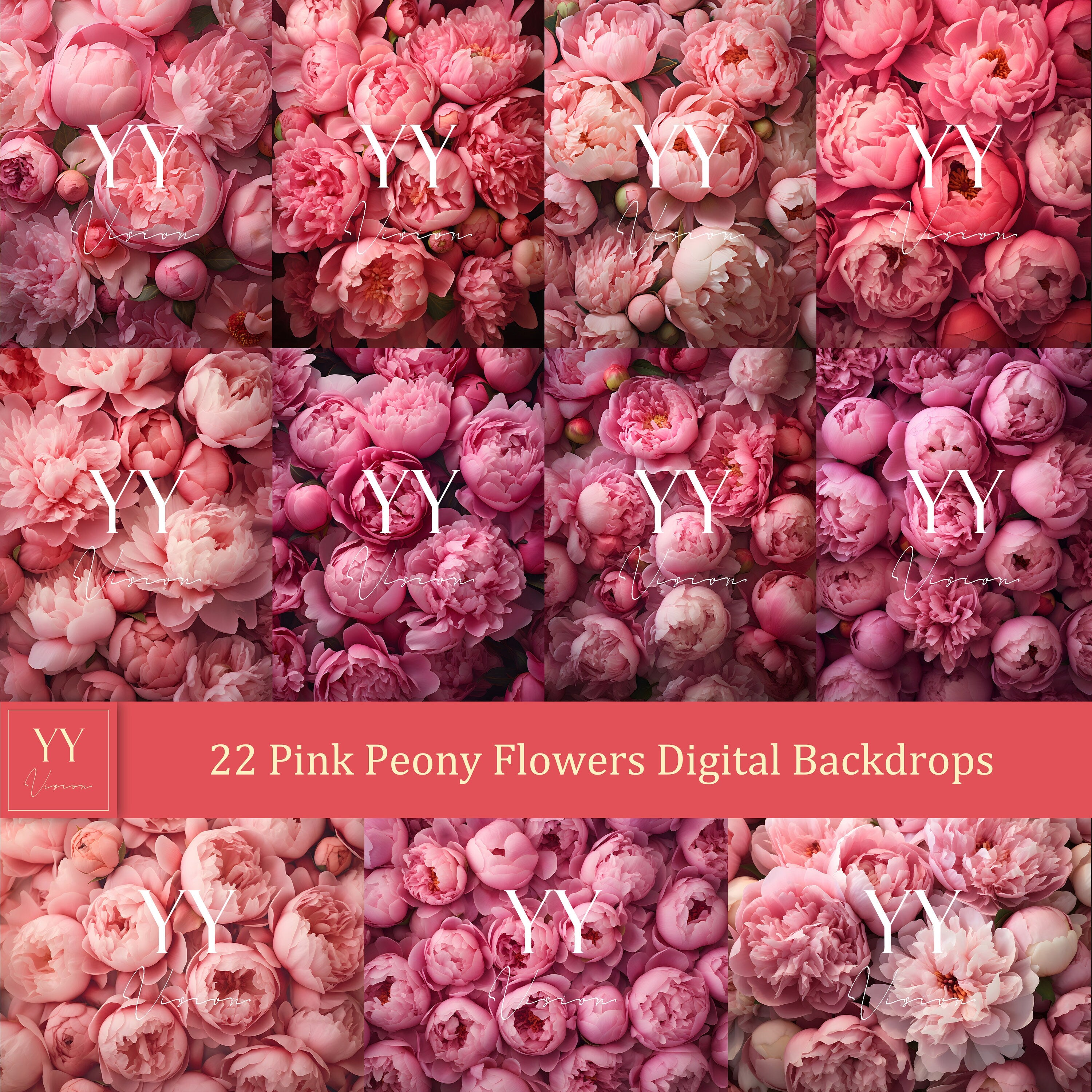 22 ensembles de décors numériques de fleurs de pivoine rose pour la photographie de maternité de mariage arrière-plan Photoshop floral