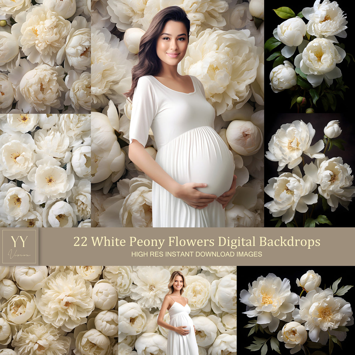 22 weiße Pfingstrose Blumen digitale Hintergründe Sets für Hochzeit Schwangerschaft Fotografie Floral Photoshop Hintergrund