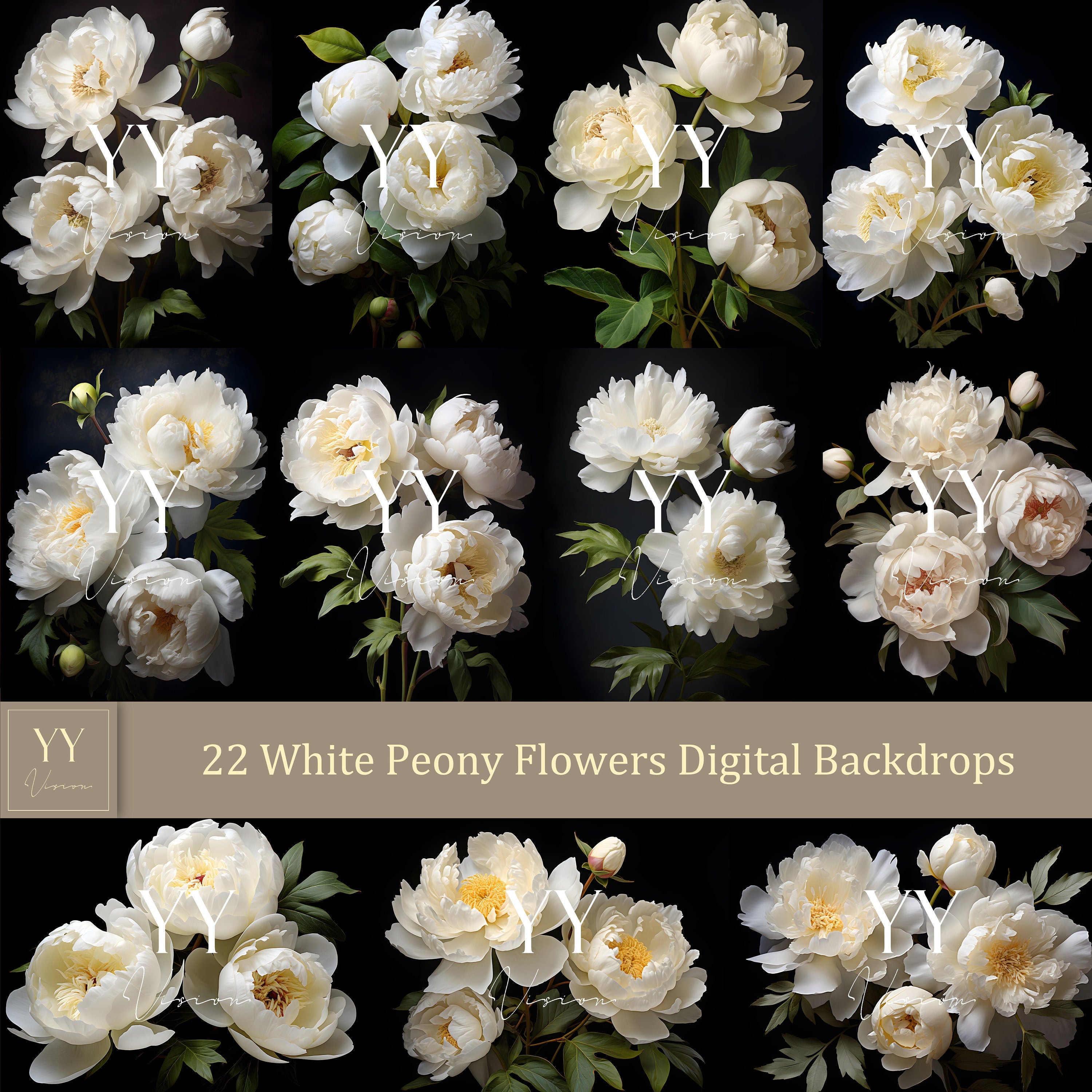 22 ensembles de décors numériques de fleurs de pivoine blanche pour la photographie de maternité de mariage arrière-plan Photoshop floral